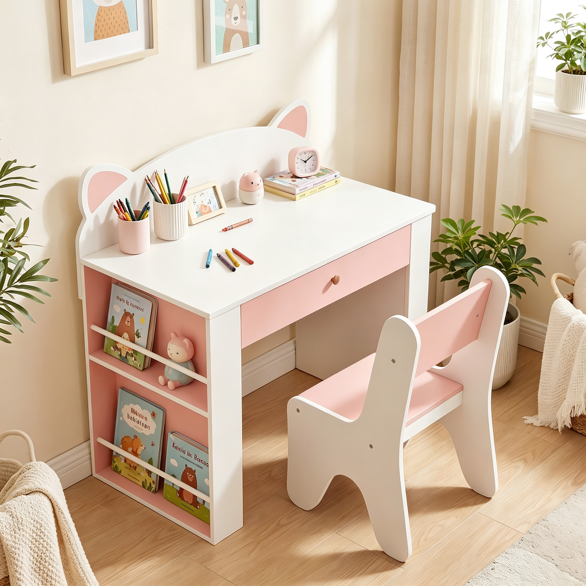 Kindertisch mit Stuhl 2 teilige Kindersitzgruppe mit Bücherregal Schublade Fuchs-Design für Kinder 3-8 Weiß+Rosa