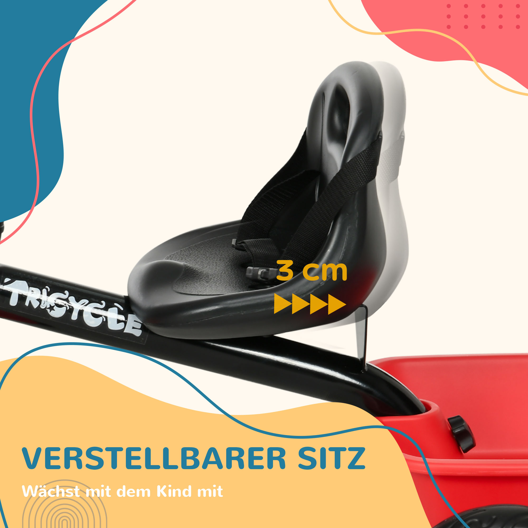 Kinderdreirad mit Beckengurt, 2 Körben, höhenverstellbarer Sitz, Metallrahmen, für Kinder 2-5 Jahre, schwarz+rot
