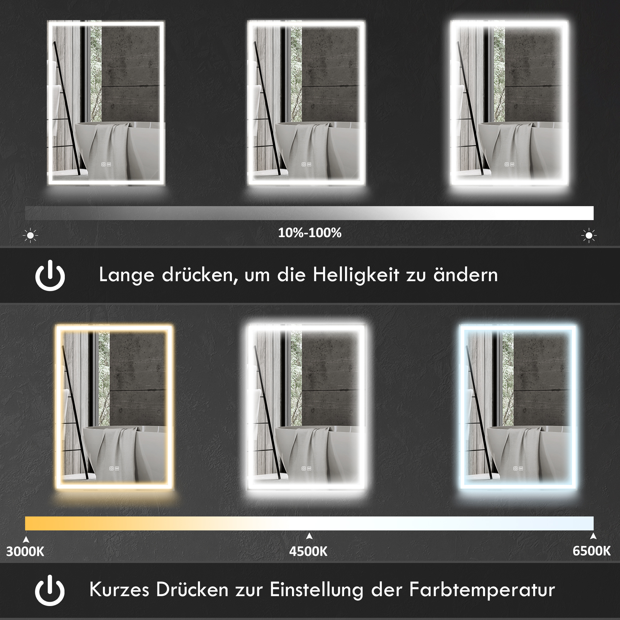 Spiegelschrank, Badschrank mit LED, 50 x 70 cm, dimmbar, Anti-Beschlag, Schwarz