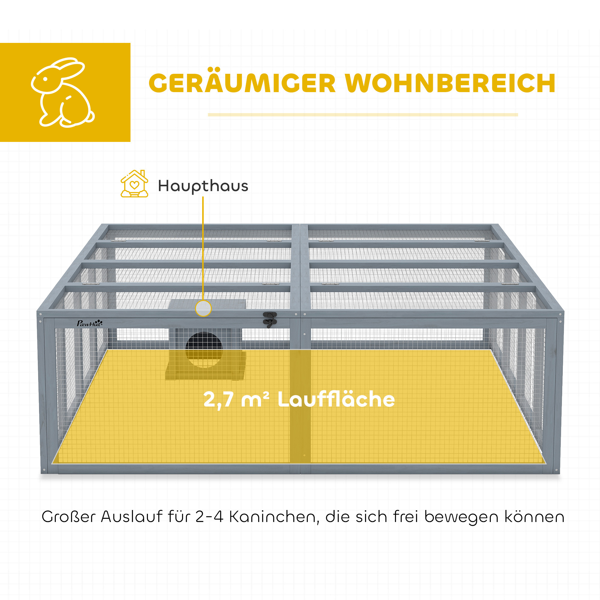 Freilaufgehege Kaninchenstall aus Holz mit 2 Türen Unterschlupfhaus für 2-4 Zwergkaninchen 180,4 x 150 x 48 cm Grau
