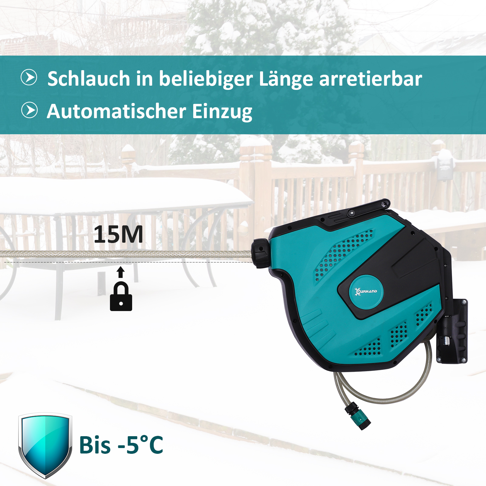 Wandschlauchbox Schlauchtrommel 180° schwenkbar mit Multibrause Frostschutz -5-45 °C Kunststoff Grün + Schwarz 15 m