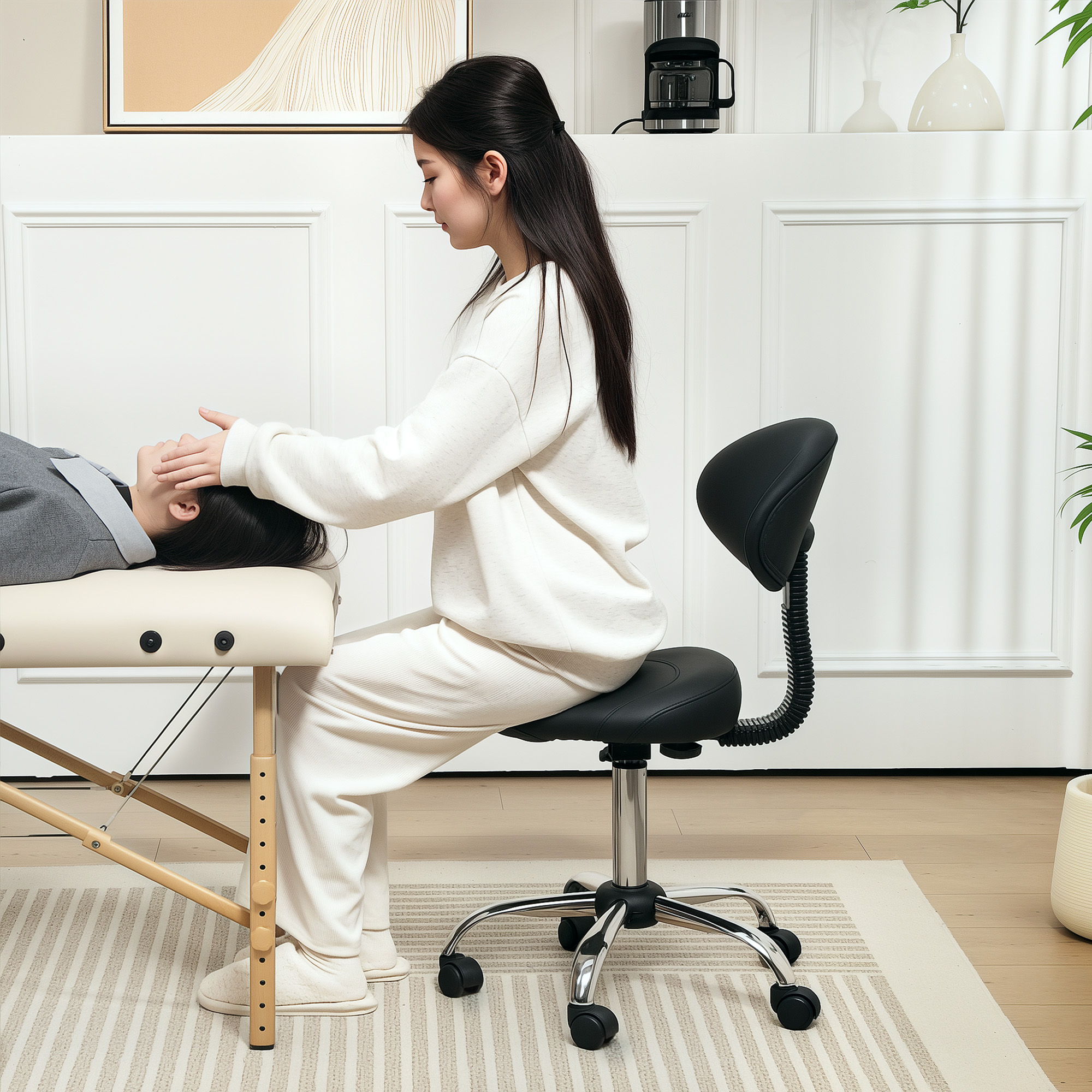 Rollhocker höhenverstellbar mit Rückenlehne Drehhocker 83-98 cm Arbeitshocker 360° drehbar für Büro Salon