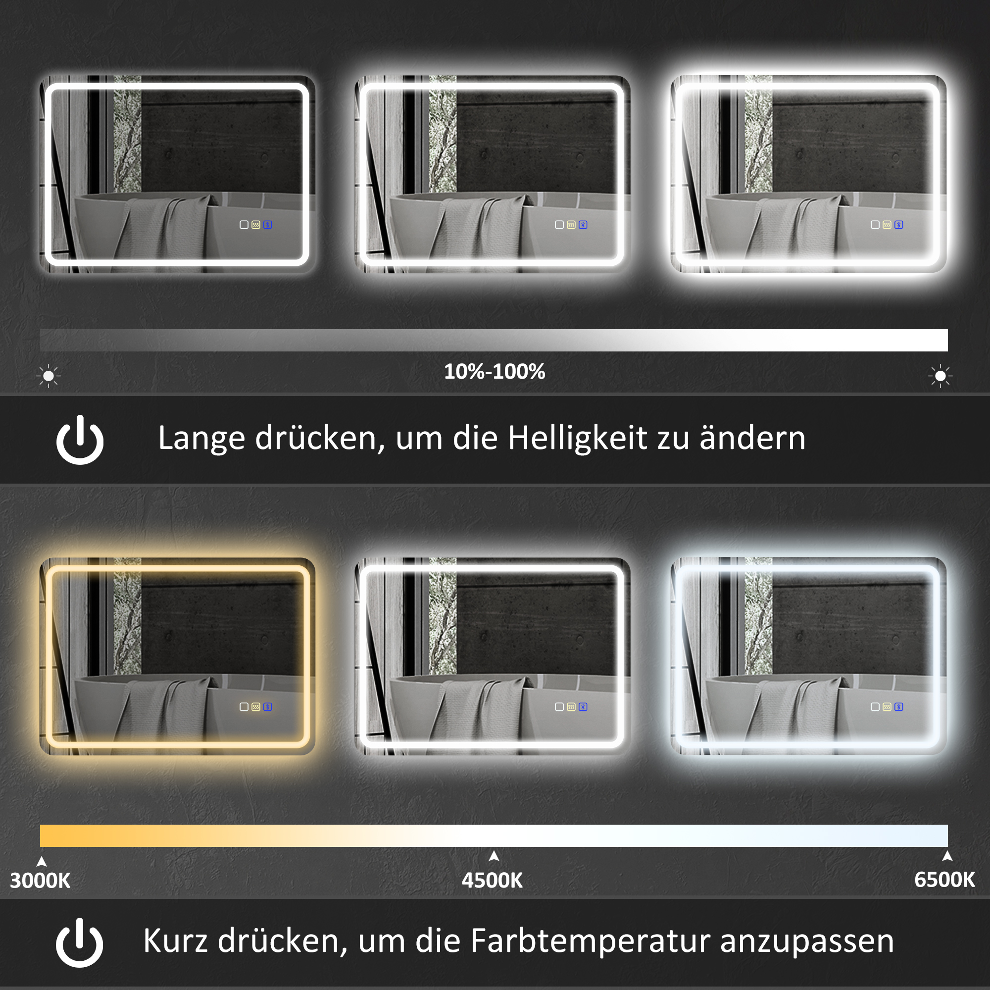 Badezimmerspiegel mit LED-Beleuchtung, Anti-Beschlags-Pad, 3 verstellbare Farben, Silberfarben