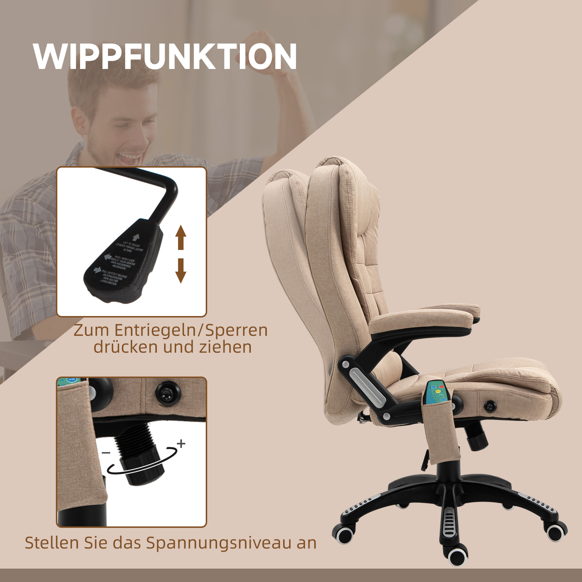 Massagesessel mit Wärmefunktion, Ergonomischer Schreibtischstuhl, höhenverstellbar, 68L x 72B x 110-120 cm, Braun