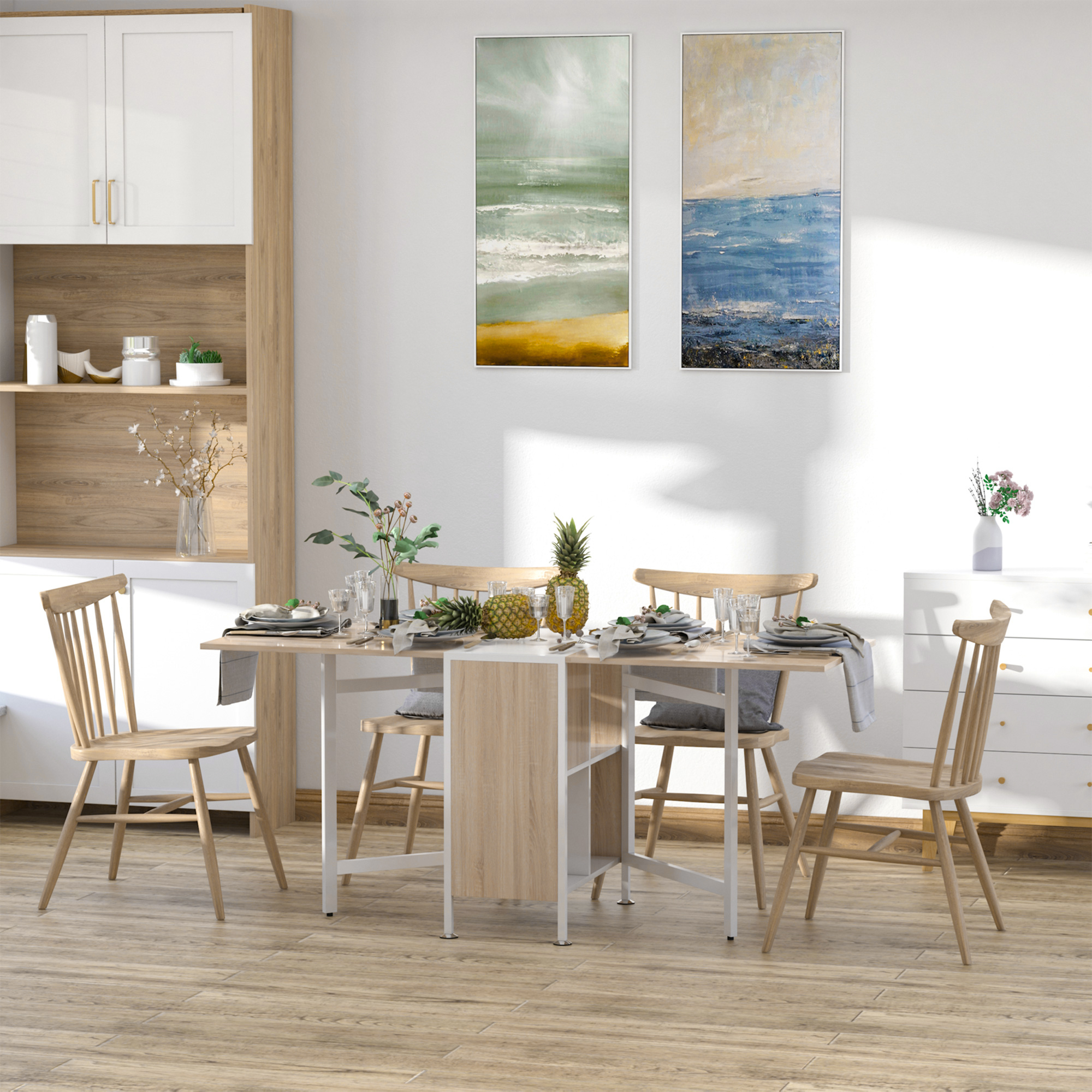 Klapptisch Esstisch Beistelltische Ablagefläche für Wohnzimmer Küche Eiche Holz Metallrahmen Natur+Weiß 169 x 60 x 75 cm