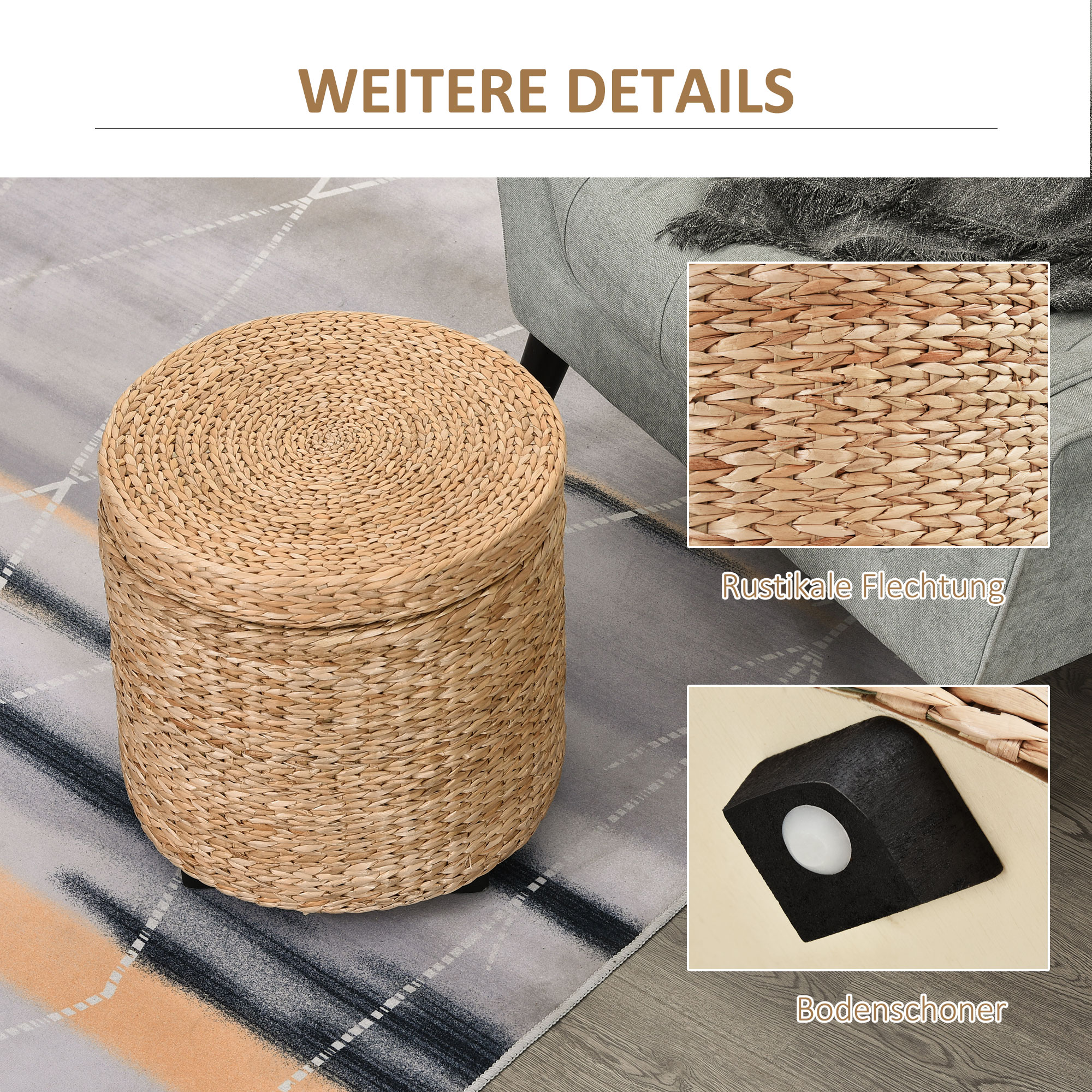 Sitzhocker mit Stauraum Hocker mit Deckel, Runder Fußhocker Sitzwürfel Aufbewahrungsbox Polsterhocker mit Beine, 43 x 43 x 43 cm Khaki