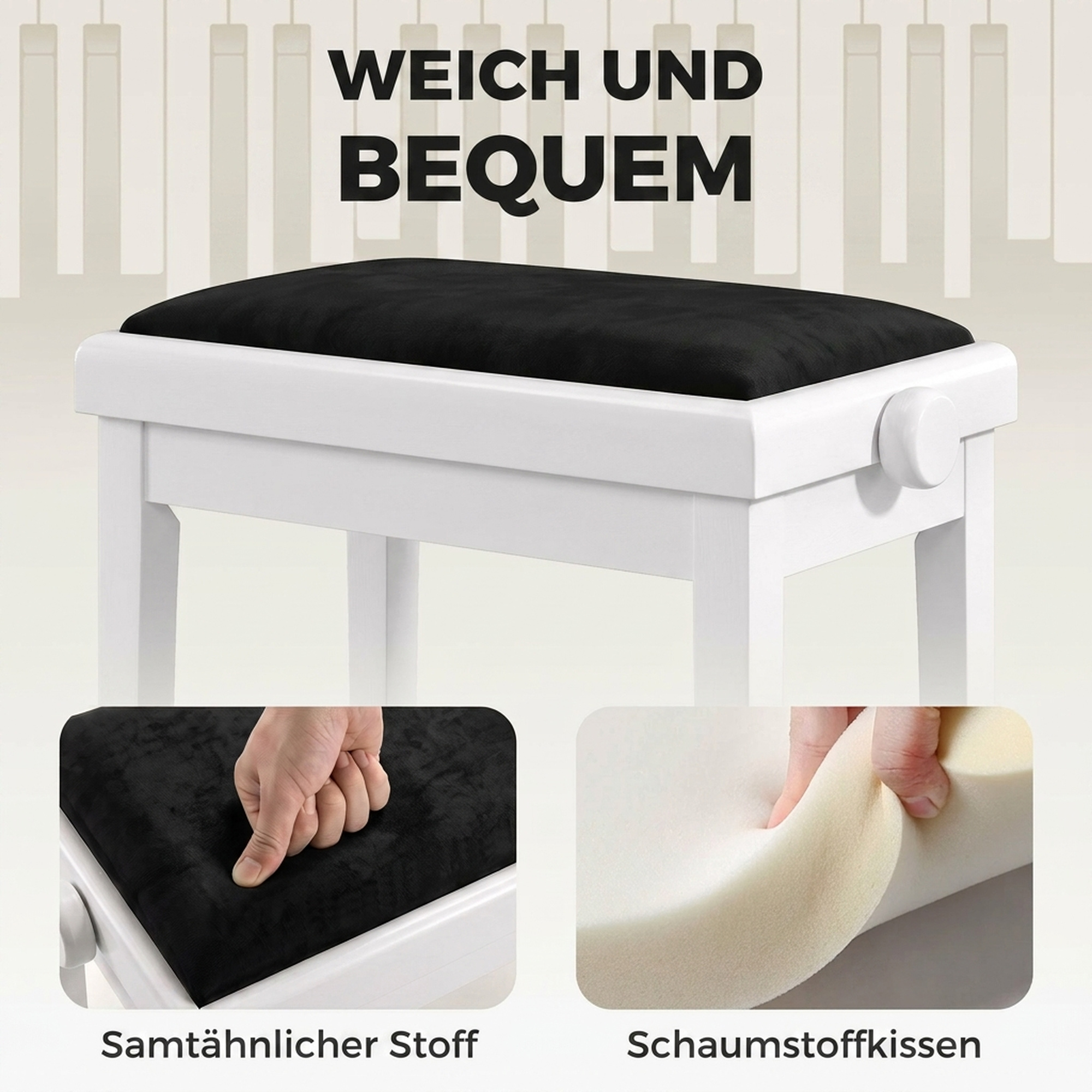 Klavierbank Höhenverstellbar Klavierhocker mit Gepolstertem Kissen, Samtoptik, Beinen aus Kautschukholz Weiß