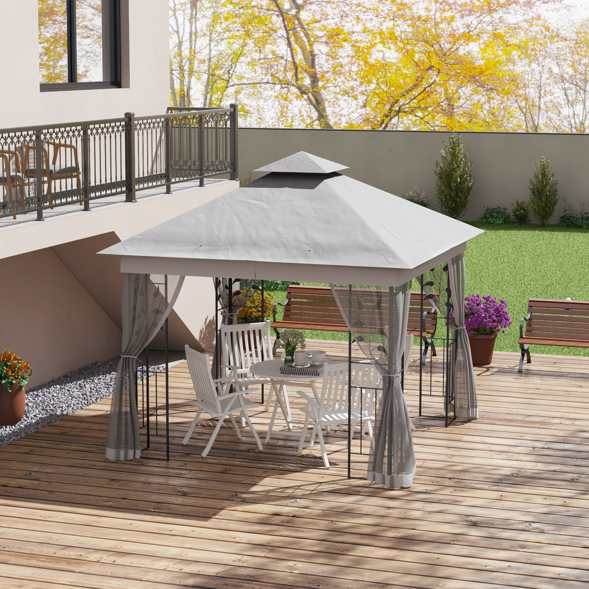 Pavillon mit Doppeldach, 3x3 m Wasserabweisend Stabil Winterfest Gartenpavillon mit Moskitonetz Hellgrau