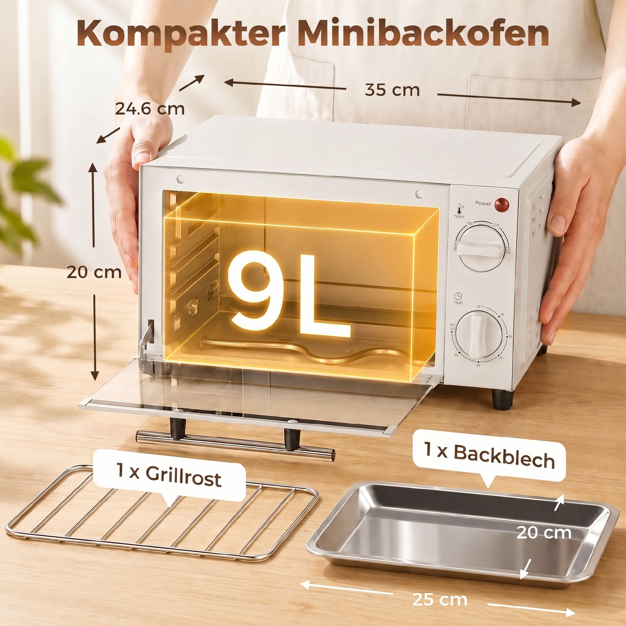 Minibackofen, 9 L Mini-Ofen mit Backblech, Grillrost, mit einstellbarer Temperatur und Garzeit, Edelstahl, Cremeweiß