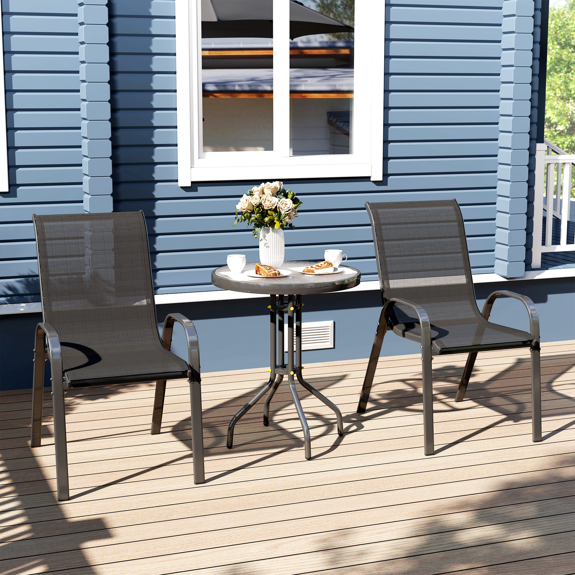 Bistro-Set 3-teilig Wetterfest Gartenmöbel Set mit Glastisch Stapelbare Gartenstühlen Schwarz