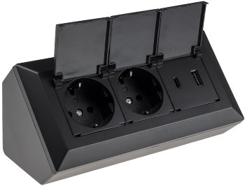 2-fach Steckdosenblock, USB-A+C, schwarz, 250V~/ 16A, USB 3,1A, PD, mit Klappen 2-fach Steckdosenblock, USB-A+C, schwarz, 250V~/ 16A, USB 3,1A, PD, mit Klappen