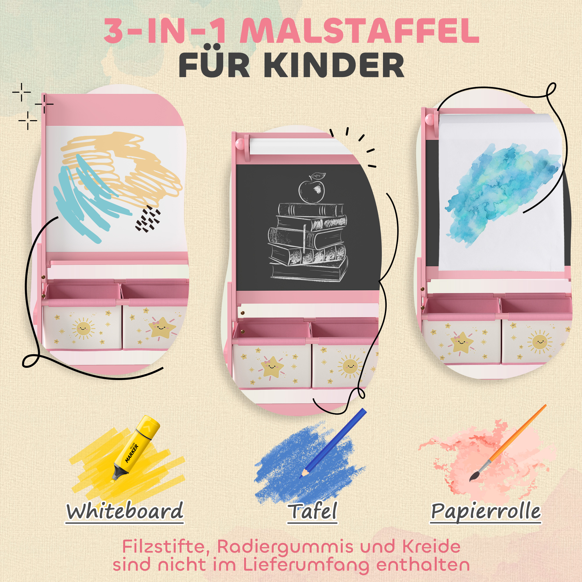 Kinder Staffelei 3 in 1 Kindertafel mit Kreidetafel, Whiteboard, Papierrolle, 2 Aufbewahrungsboxen, für 3-8 Jahre Rosa