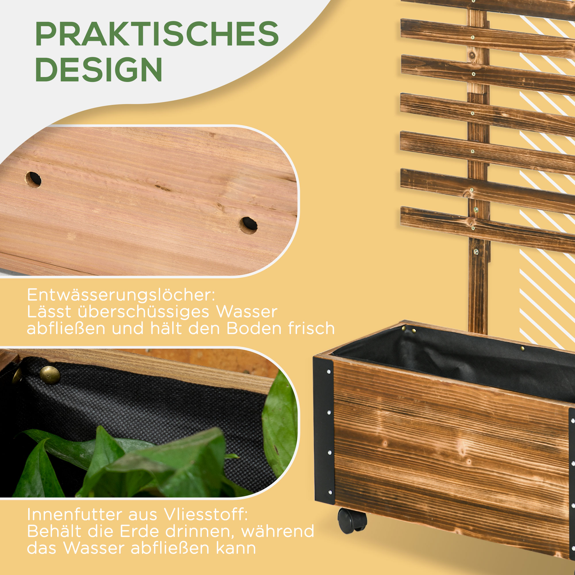 Hochbeet mit Rankhilfe, 4 Rollen, behandeltes Massivholz, 65 cm x 31 cm x 147 cm, Schwarz + Braun