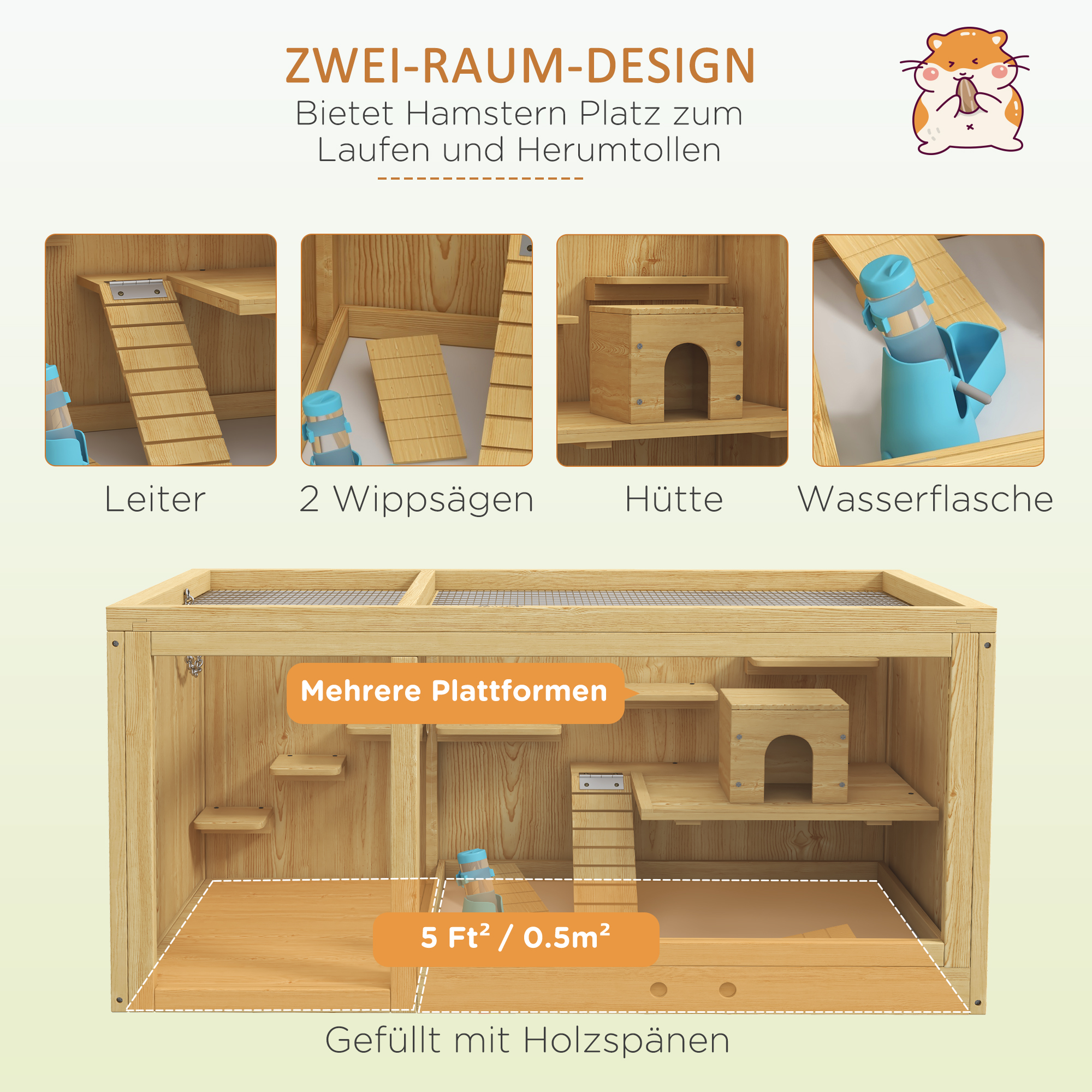 Kleintierkäfig Nagekäfig, Tannenholz, inkl. Zubehör und Tränke, 100 x 50 x 50 cm, Natur