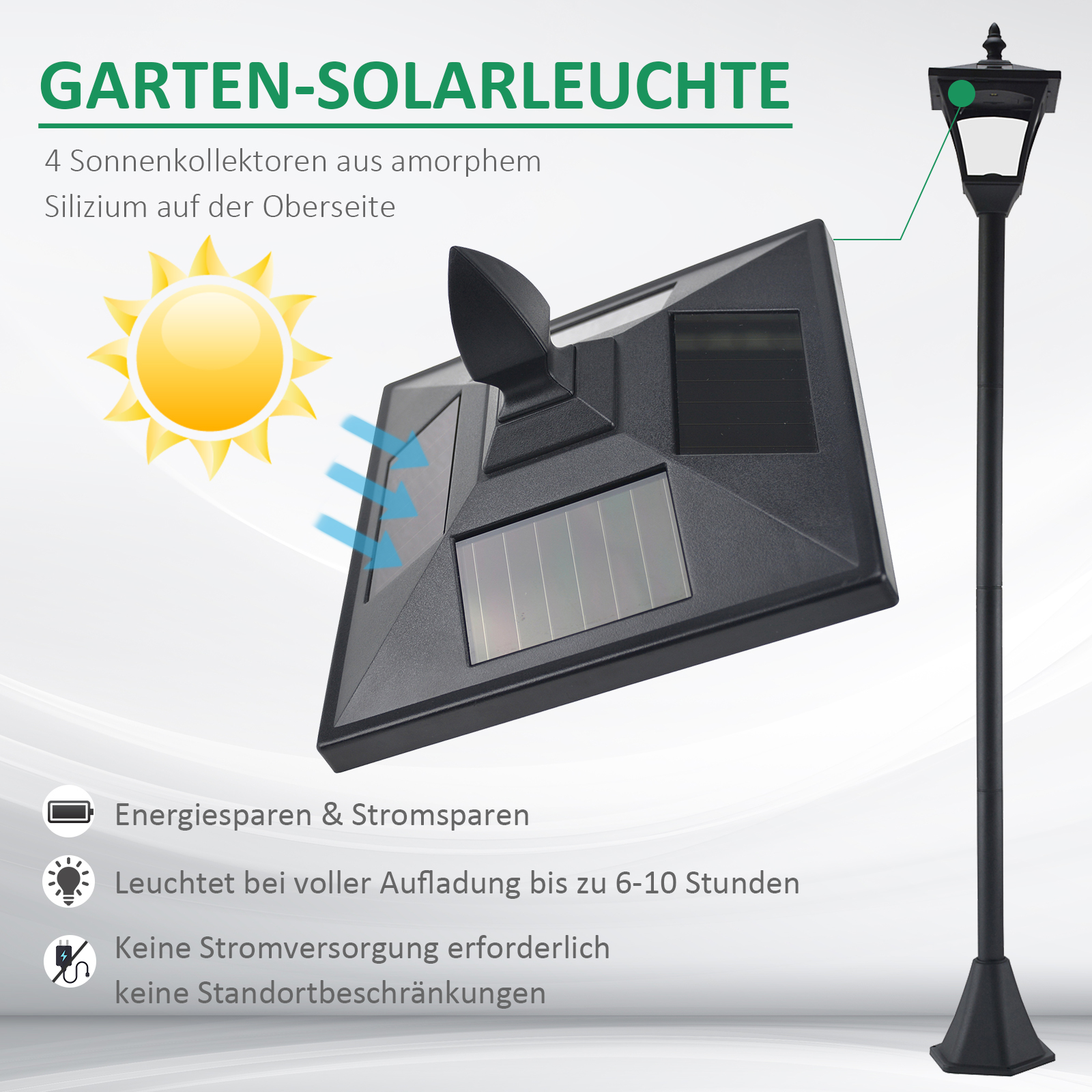 LED Solar Gartenlaterne, Stehleuchte aus Edelstahl Gartenlampe 160 cm hoch Windlicht Außenleuchte IP44, Solarlampe mit Lichtsensor 30 Lumen Erdspieß, Gartenlampe für Garten Balkon Schwarz