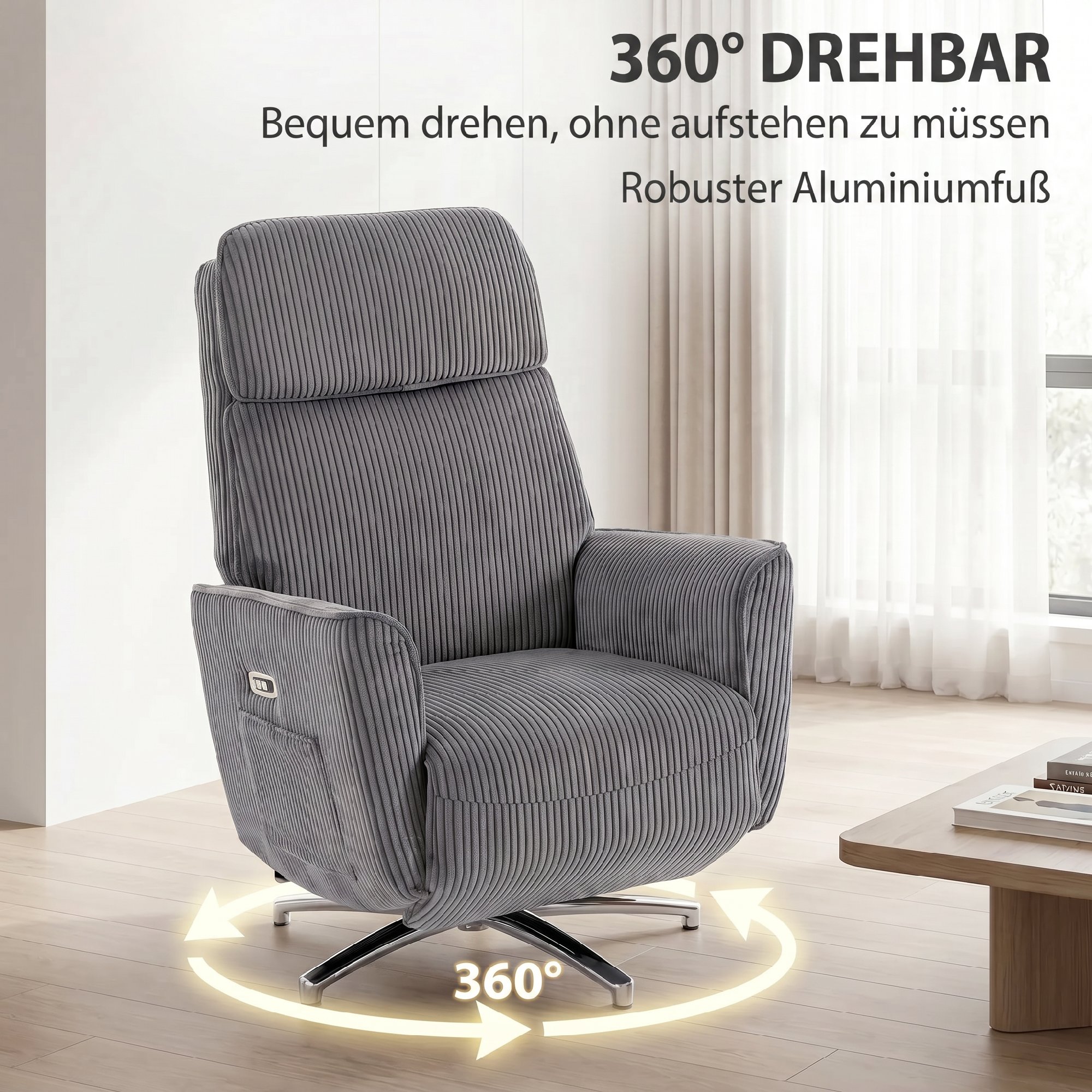 Relaxsessel Elektrisch Verstellbar Fernsessel mit Liegefunktion, 2 Motoren Drehbar TV Sessel mit USB-Anschluss