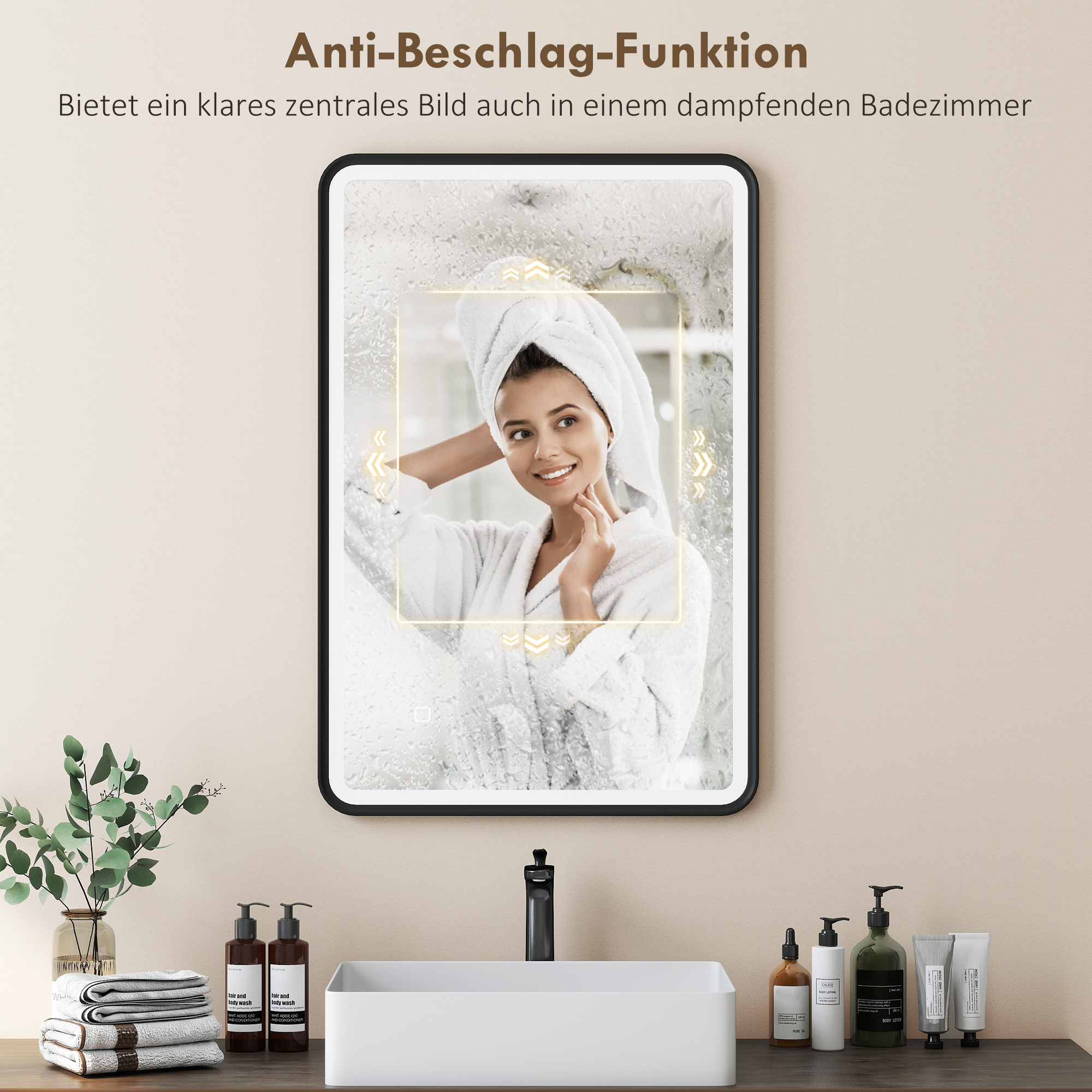 90 x 60 cm LED-Badezimmerspiegel, Lichter, 3 Farben, dimmbar, Memory-Funktion, horizontal und vertikal, Schwarz