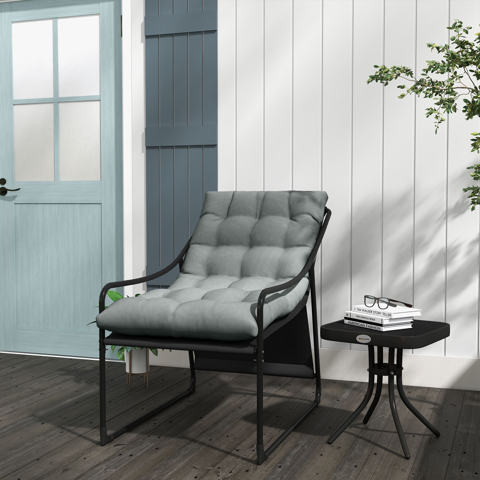 Outdoor Lounge, dicke Polsterung, rostfreier Stahlrahmen, 62B x 110T x 88H cm, Grau/Schwarz