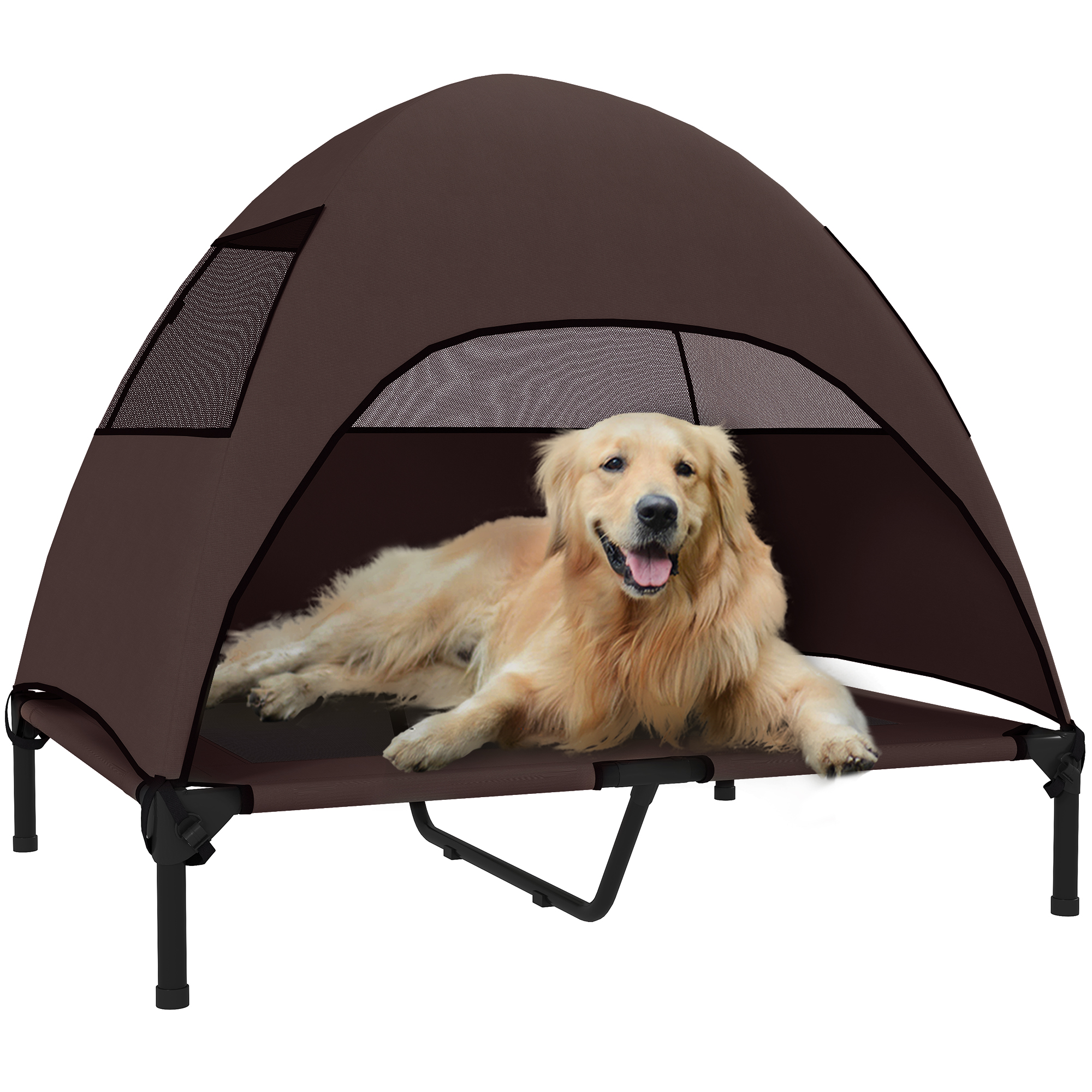 Hundeliege Outdoor mit Dach, erhöhtes Hundebett für Große Hunde, 91 x 76 x 90 cm, Kaffee