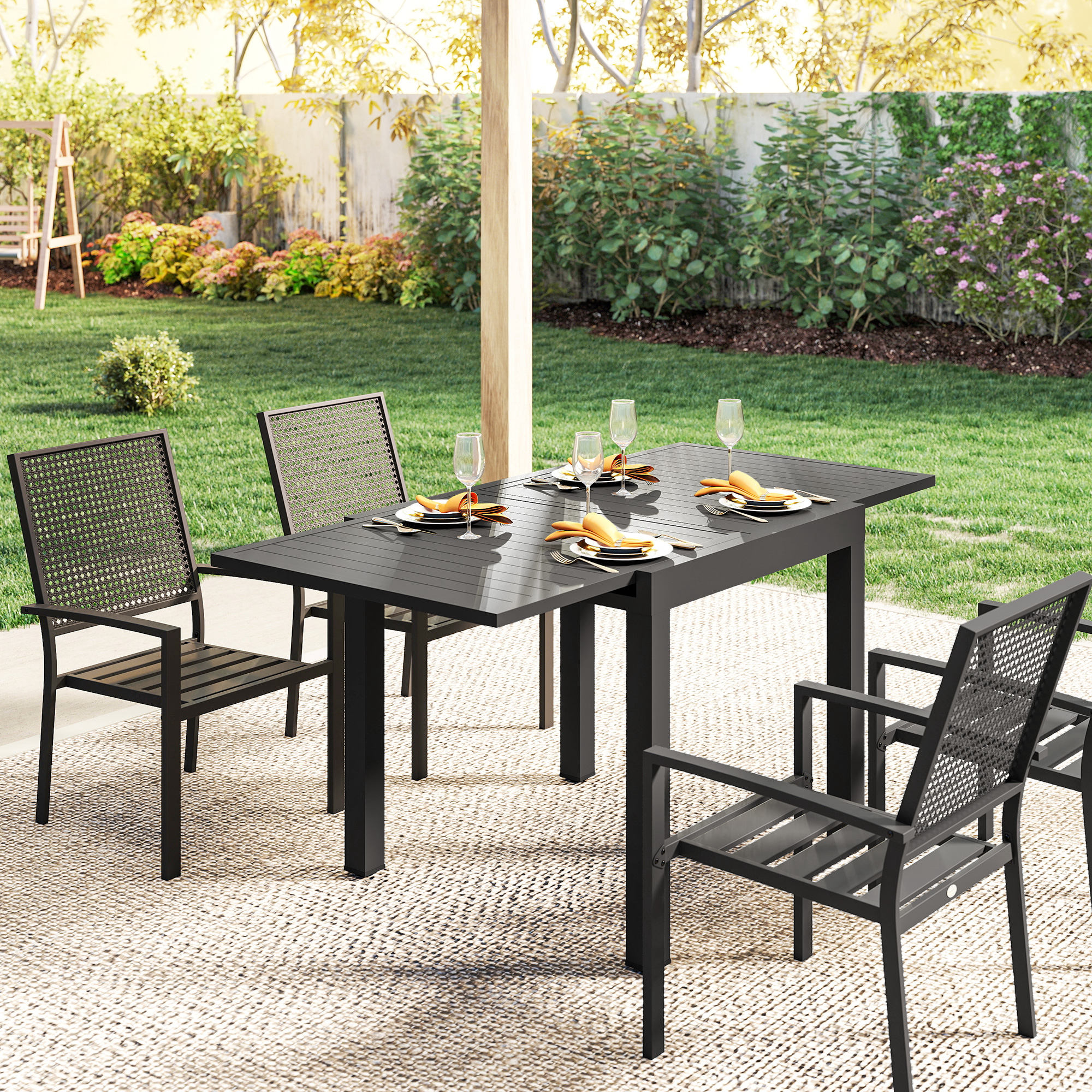 Gartentisch Ausziehbarer 80/160 x 80 cm Aluminium Esstisch für 4-6 Personen, Rechteckig mit Lamellenplatte