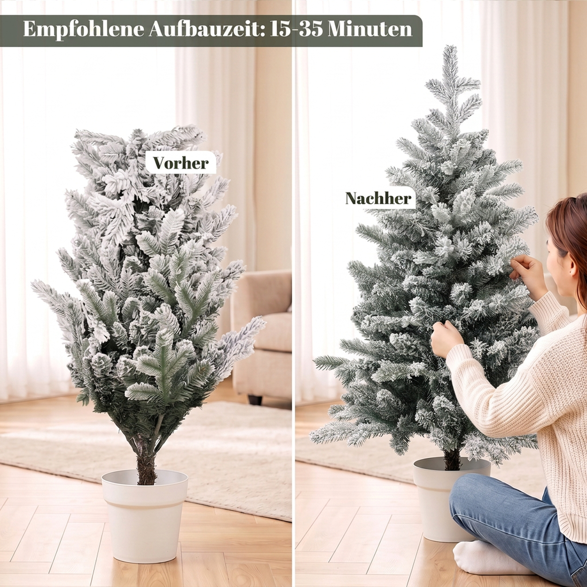 Mini 90 cm Weihnachtsbaum mit 296 Zweigspitzen Schnee-Effekt Topf, Mini-Tischbaum für Zuhause Büro, Weiß