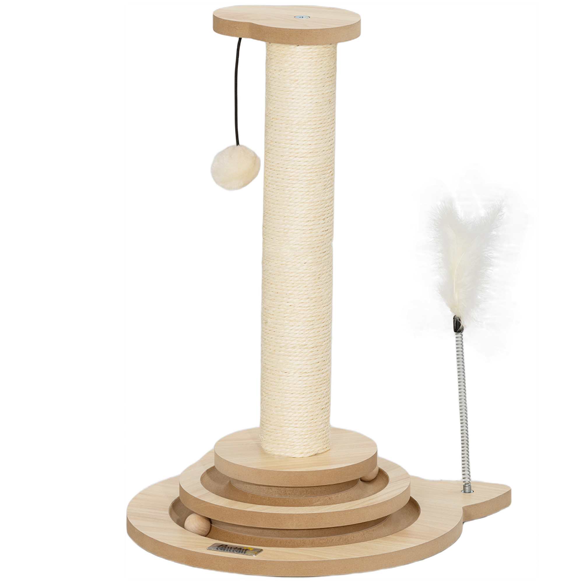 Katzen-Kratzbaum, 49 cm, Sisal-Kratzpfosten, Kugelbahn, Spielball, Spielfeder, 4-in-1-Design, Eiche, Weiß Katzen-Kratzbaum, 49 cm, Sisal-Kratzpfosten, Kugelbahn, Spielball, Spielfeder, 4-in-1-Design, Eiche, Weiß