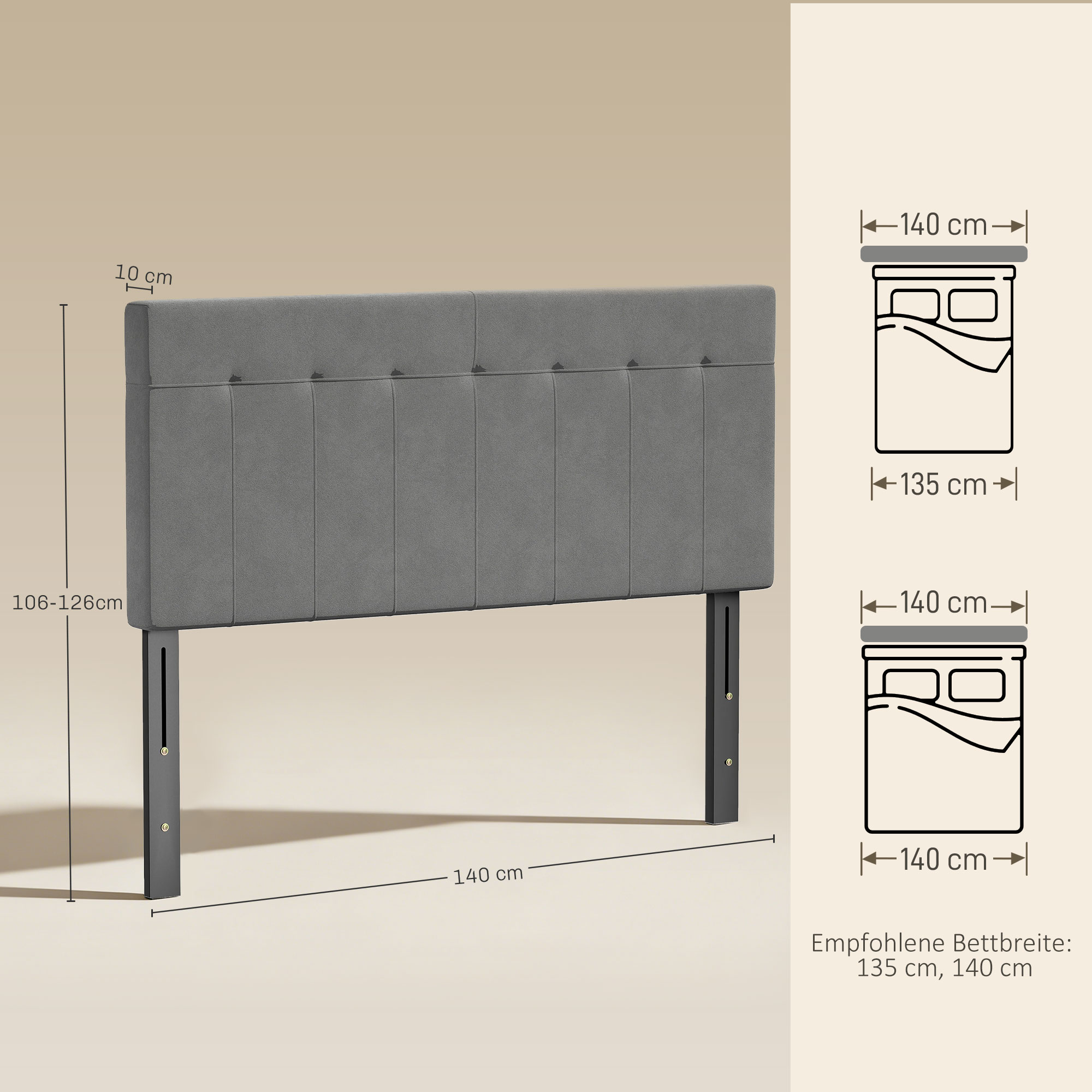 Kopfteil 3-fach höhenverstellbar Bettkopfteil mit Metallbeinen Samtoptik für Schlafzimmer 140x10x106/116/126 cm Grau