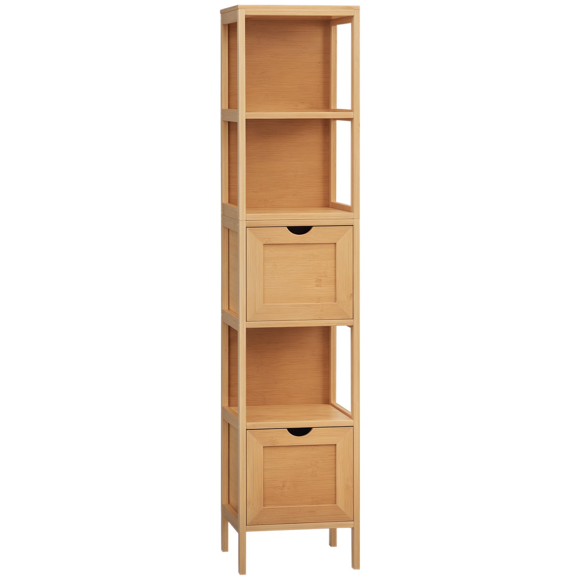 Badezimmerschrank, 3 Regale, 2 Schubladen, Bambus, 30 cm x 30 cm x 140 cm, Natur Badezimmerschrank, 3 Regale, 2 Schubladen, Bambus, 30 cm x 30 cm x 140 cm, Natur