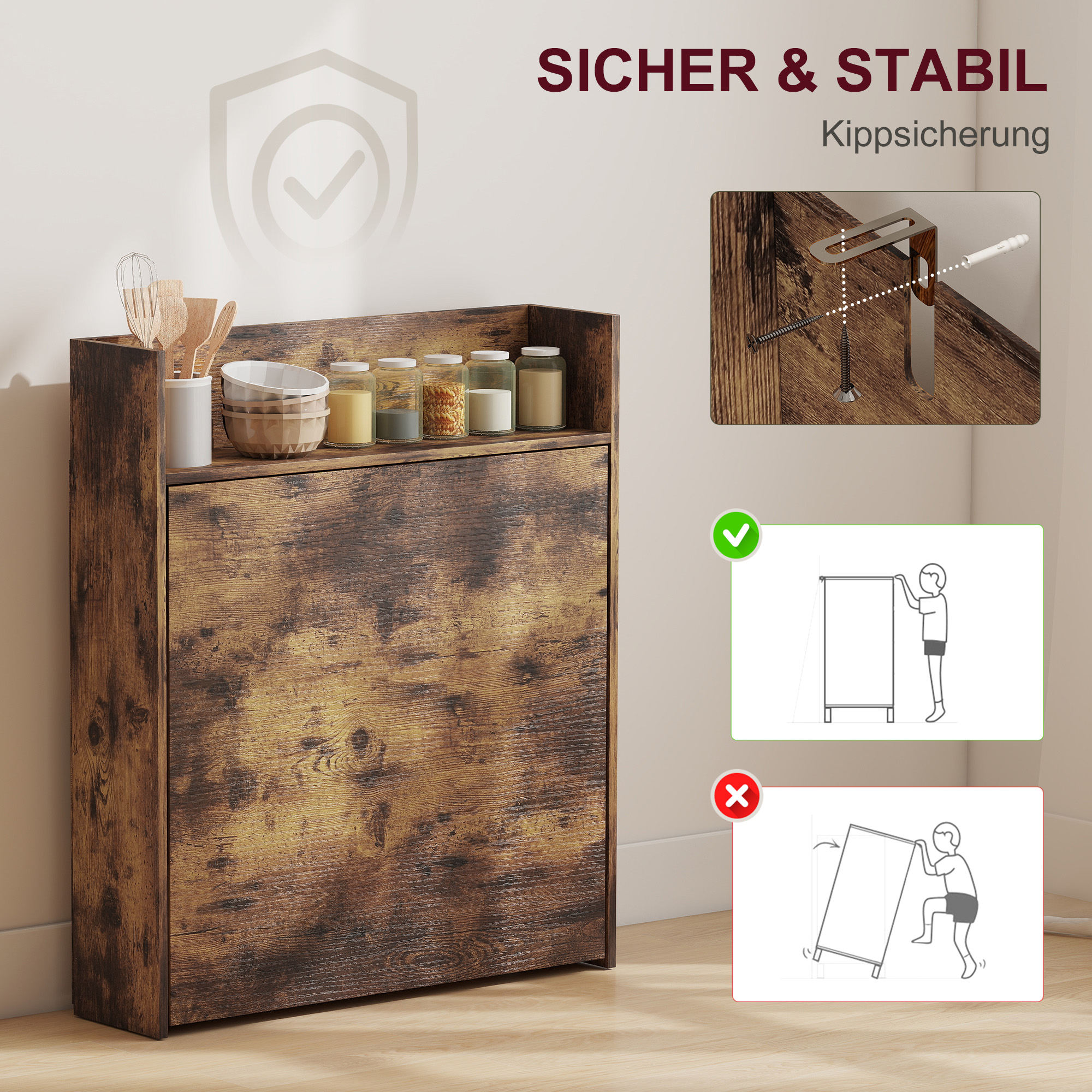 Esstisch, klappbar mit Regal, Industrie-Design, Platzsparend, Für Kleine Räume, 80x90x93cm, Rustikal-Braun