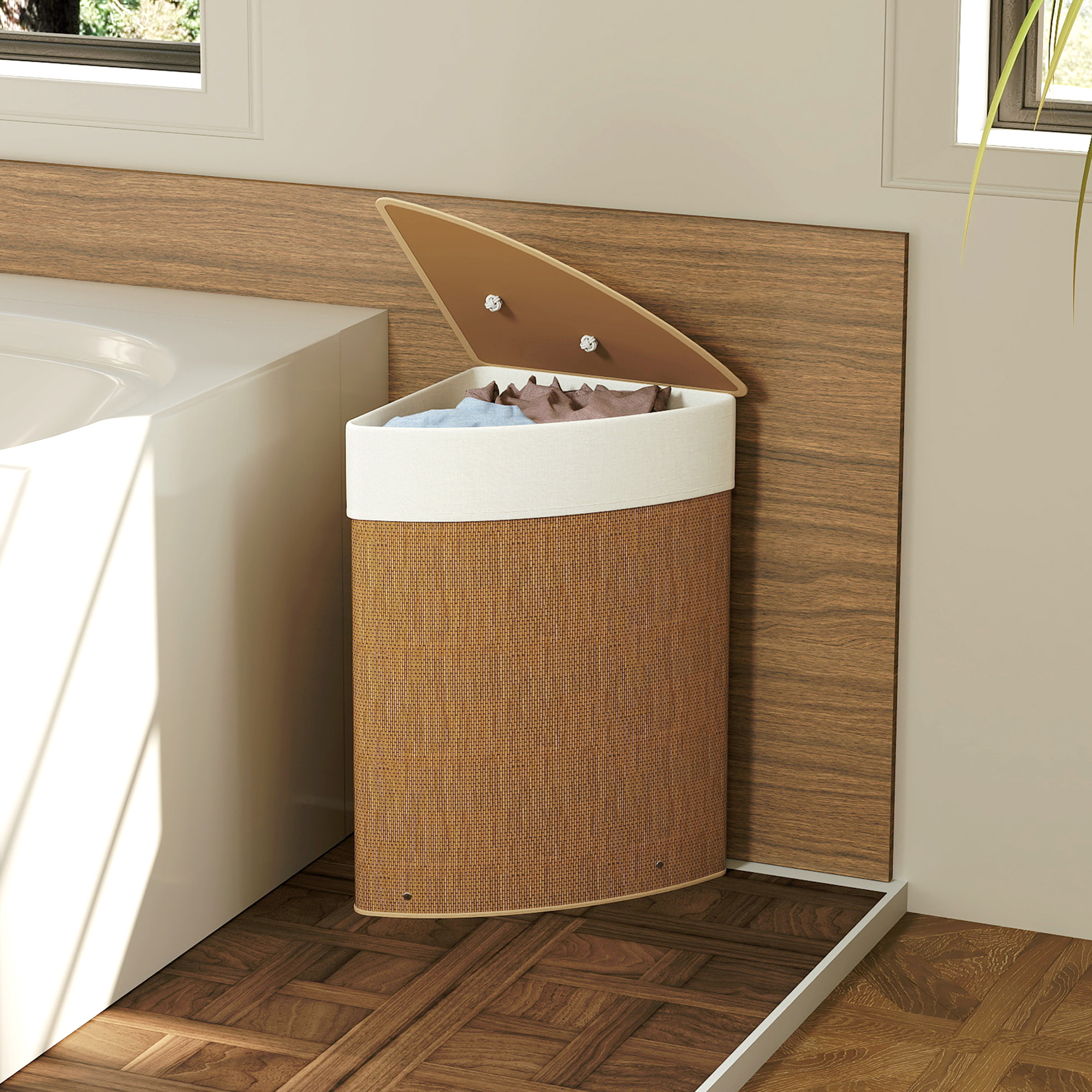Wäschekorb im Eckdesign, Bambusgeflecht, 55 Liter, Stoffbeutel, Metallrahmen, Braun