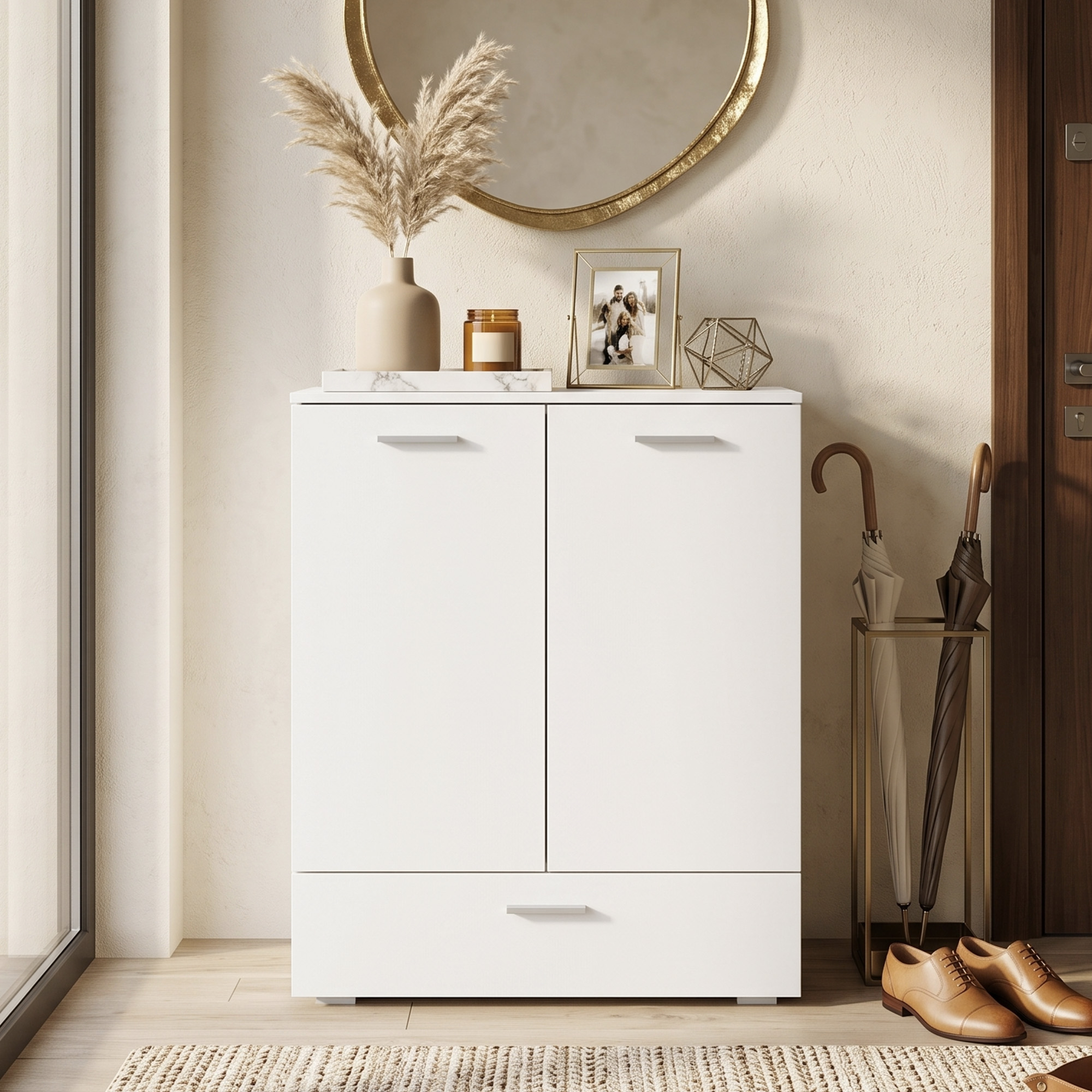 modernes Sideboard, freistehender Aufbewahrungsschrank mit Schublade und verstellbarem Einlegeboden, Weiß