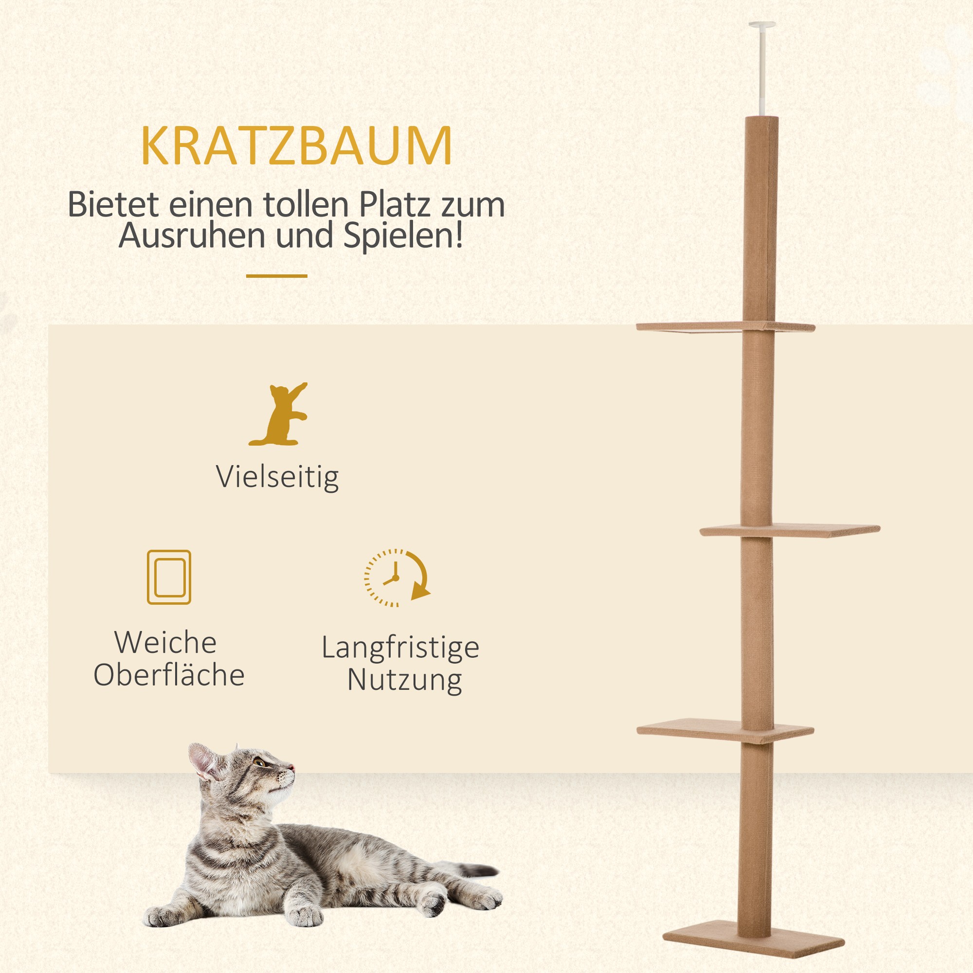 Kratzbaum Deckenhoch, 228-260 cm Höhenverstellbarer Katzenbaum Kletterbaum für Katzen mit 3 Ebenen, Katzenkratzbaum, Spielbaum vom Boden bis zur Decke Hellbraun