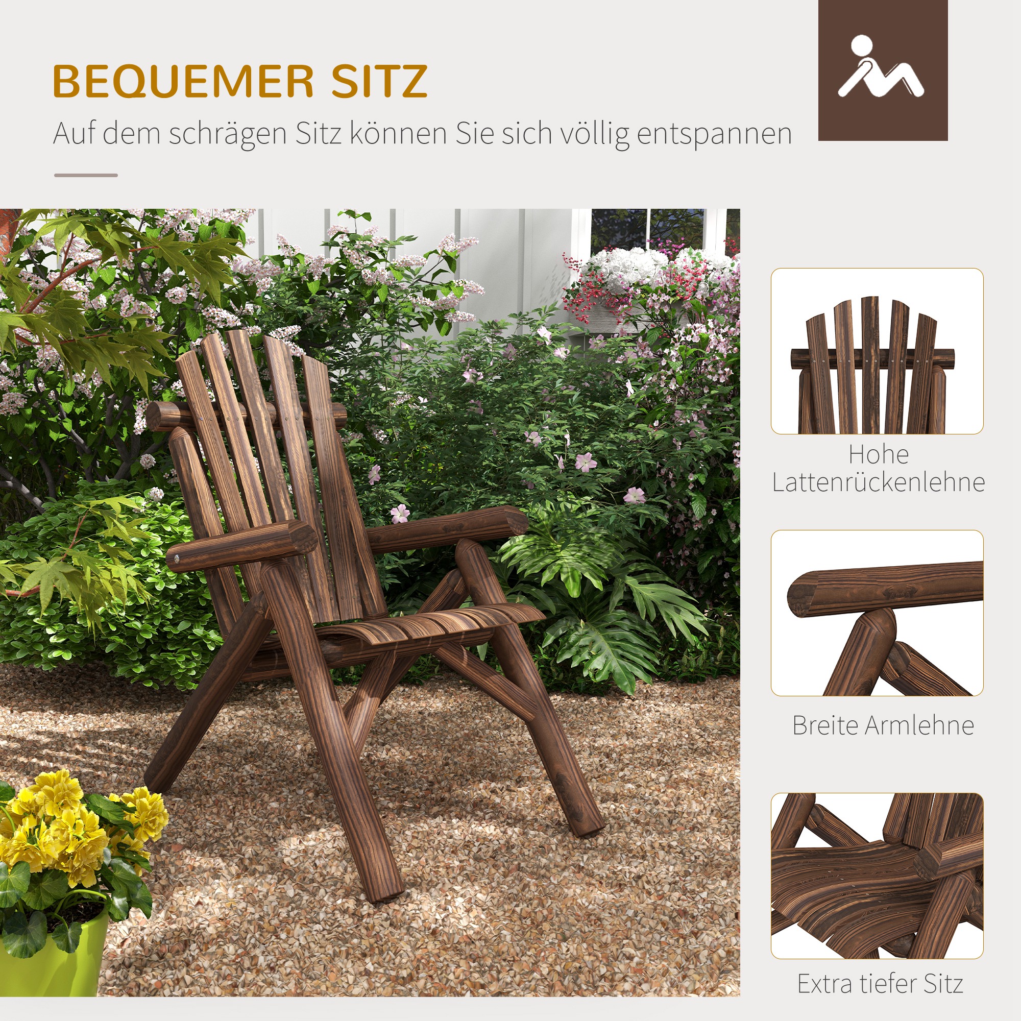 Gartenstuhl, Outdoor Hochlehner, bis 113 kg, wetterfest, Verkohlt