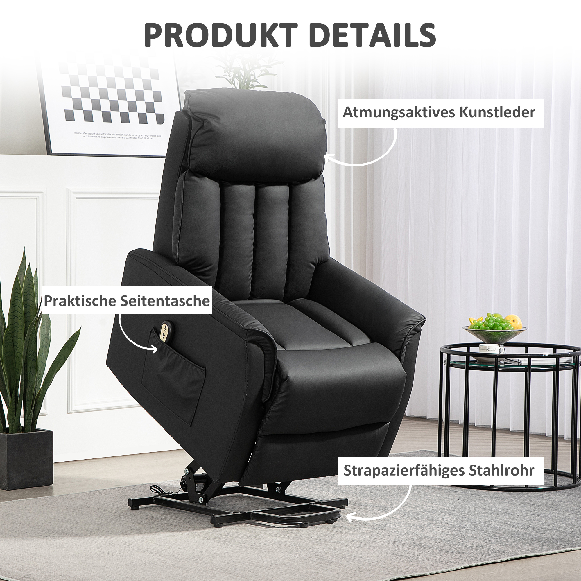 Aufstehsessel, Fernsehsessel, Sessel mit Aufstehhilfe, Liegefunktion, Kunstleder, 80 x 94 x 104 cm, Schwarz
