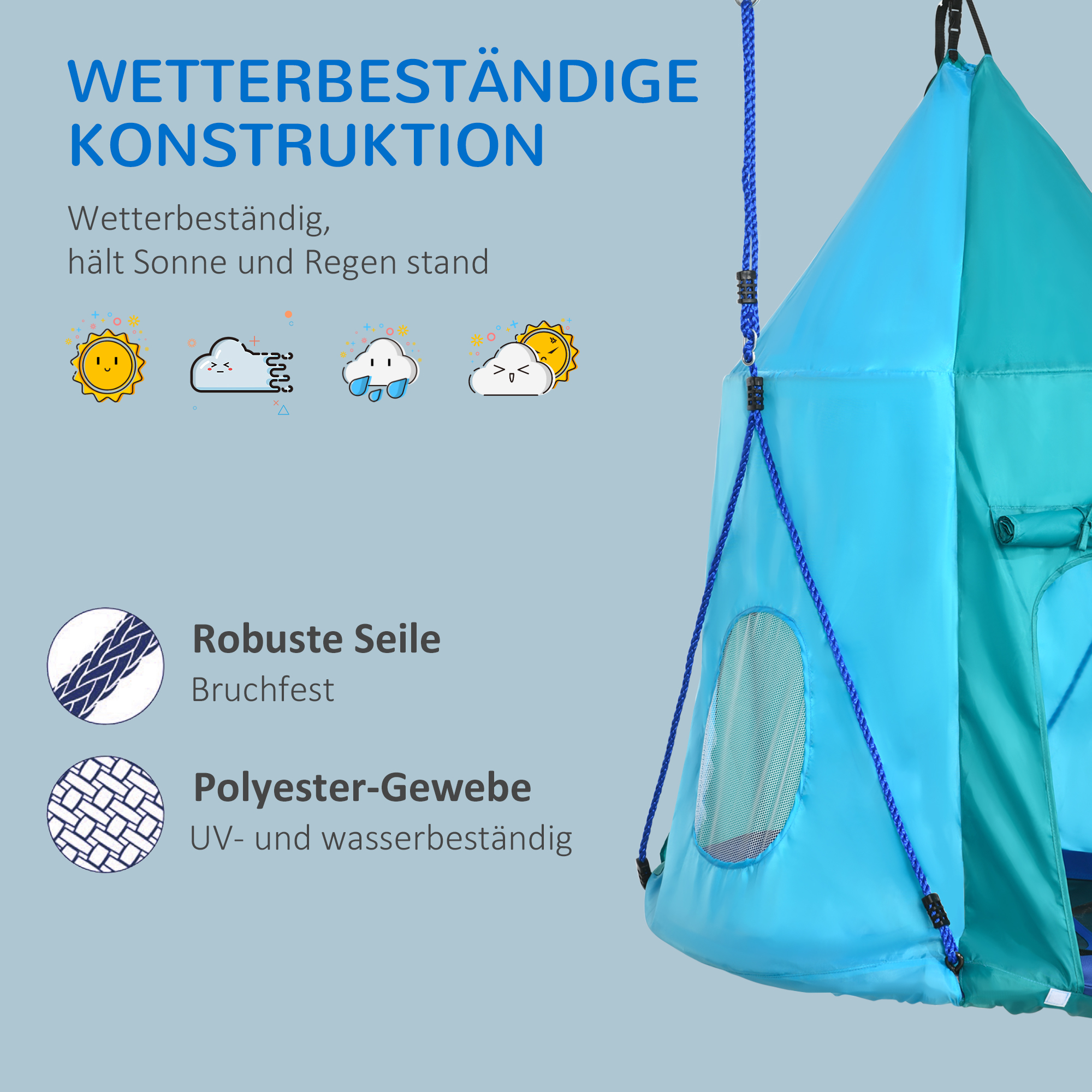 Nestschaukel mit Zelt, Ø100 cm, längenverstellbare Seile, wasserdicht, bis 150 kg belastbar, blaugrün