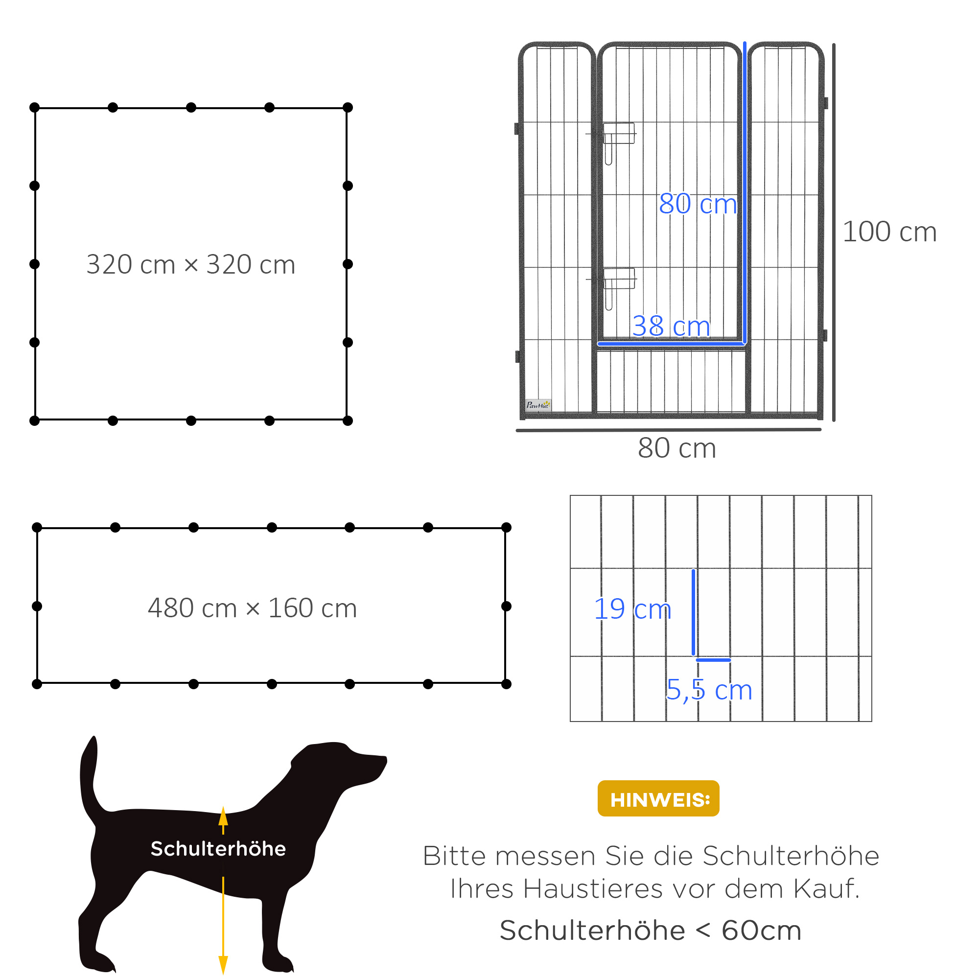 Welpenauslauf, modulares Design, 16 Elemente, 2 Türen, wetterfest, Stahl, 3,2 x 3,2 x 1 m, grau