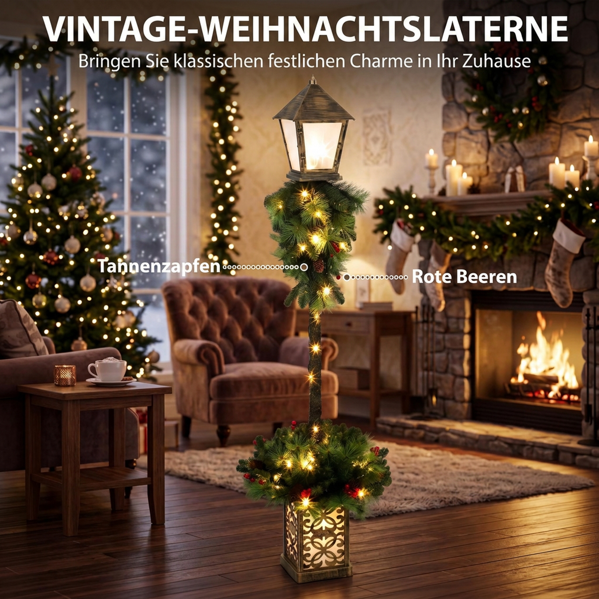 Weihnachts-Straßenlaterne mit 50 warmweißen LEDs, Außenlaterne mit 159 PVC-Zweigspitzen und roten Beeren