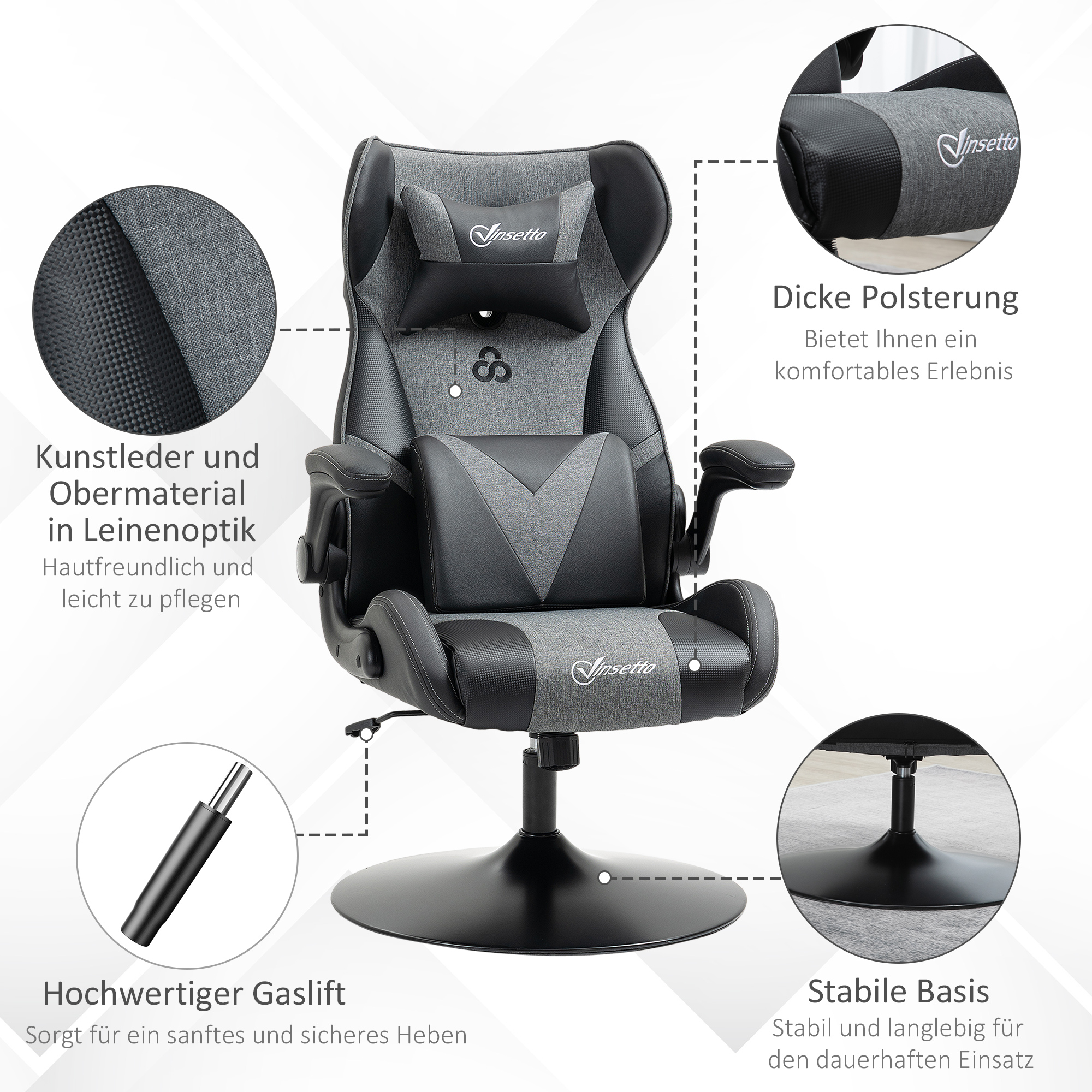 Gaming-Stuhl, höhenverstellbar & drehbar, Kunstleder-Bezug, klappbare Armlehnen, Schwarz+Grau