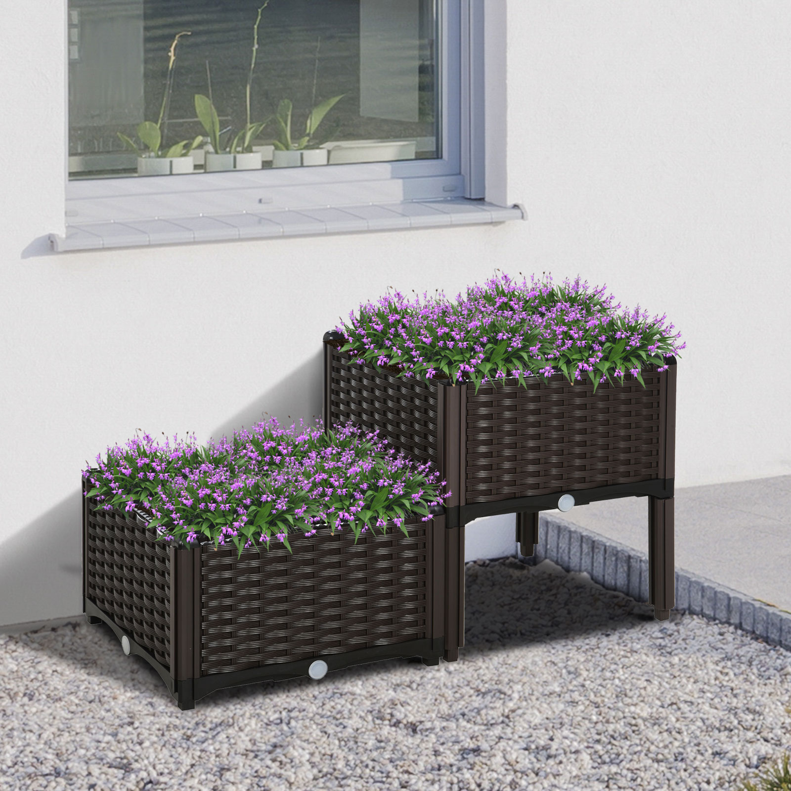 Hochbeet, Pflanzkasten mit Abflusslöchern, Blumenkasten im Rattan-Look, Kunststoff, Braun, 40 x 40 x 44 cm