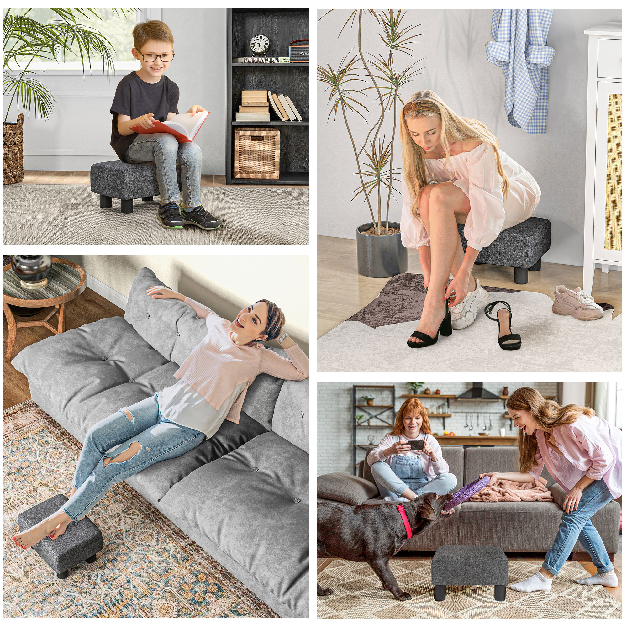 Fußhocker, Sitzhocker mit leinenartigem Stoffbezug, Schaumstoff-Füllung, Kunststoffbeine, für verschiedene Räume, Grau