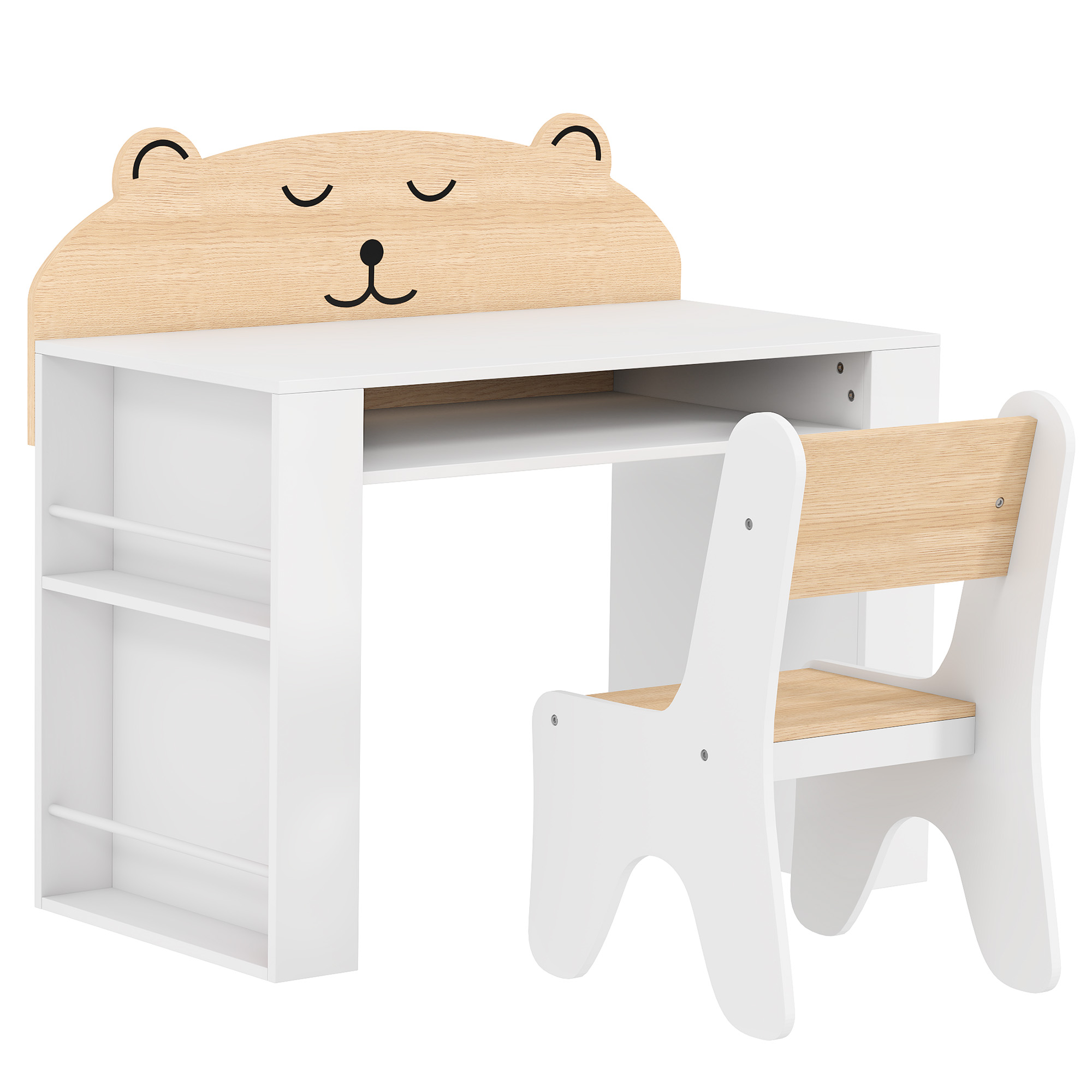 Kindertisch mit Stuhl 2 teilige Kindersitzgruppe mit Bücherregal Ablagefach Bären-Design für Kinder 3-8 Weiß