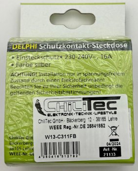 DELPHI Schutzkontakt-Steckdose, silber / 250V~/ 16A, inkl. Rahmen, Steckanschluss