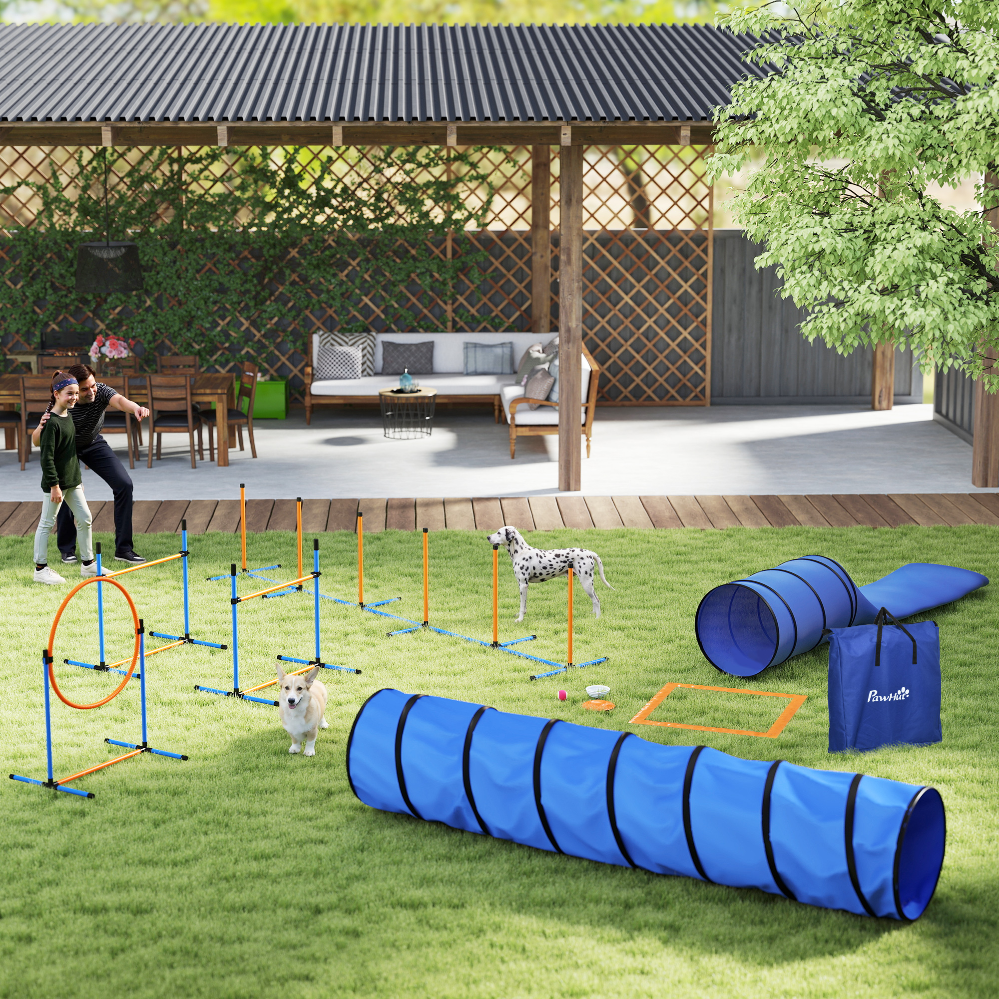 Agility Set Hunde 11-teilig Agility-Ausrüstung für Hunde mit 2 Tunnel Höhenverstellbar Sprungring & Hürden Slalomstange