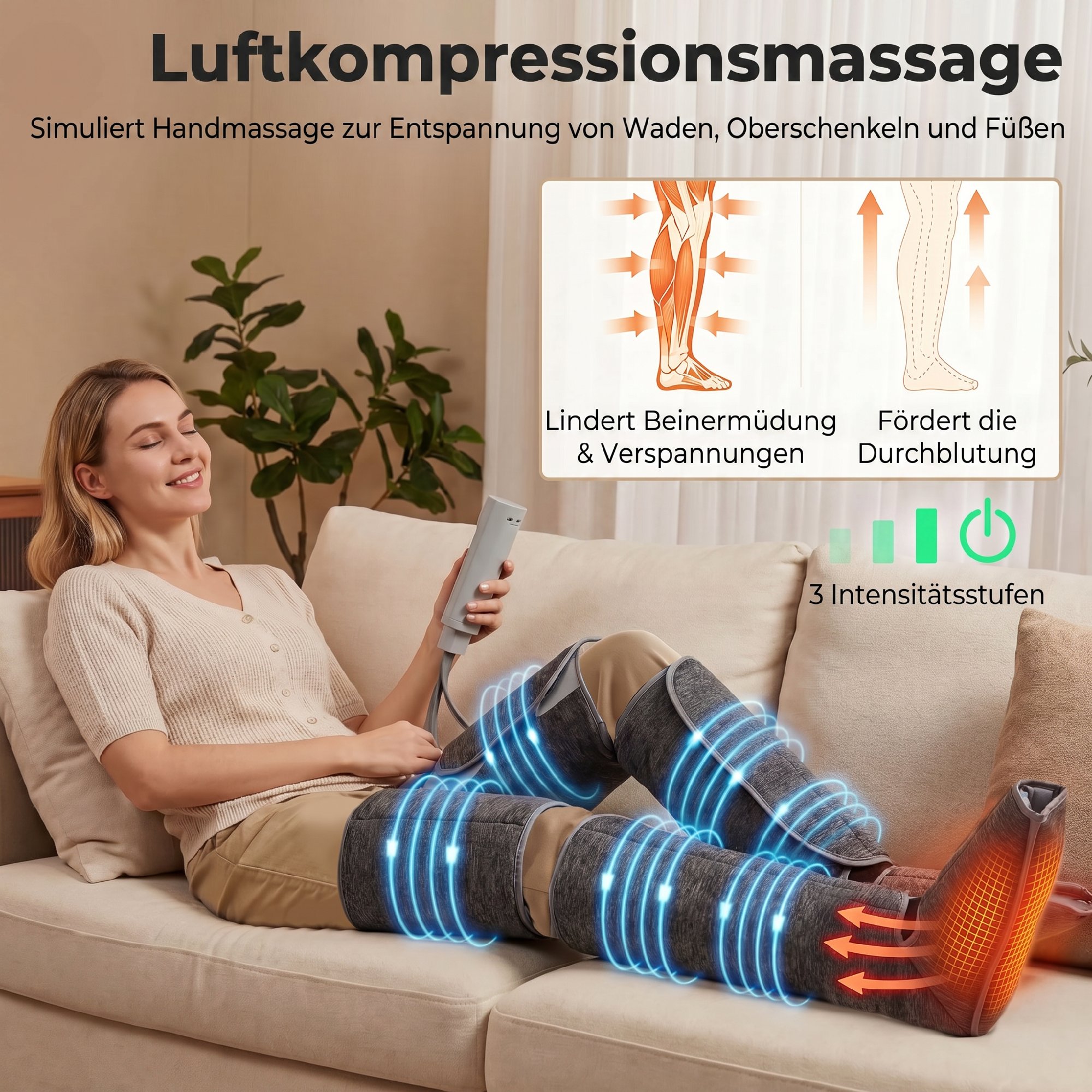 Beinmassager mit Wärme, Kompression, 3 Automodi & 3 Intensitäten, Fuß- und Wadenmassagegerät
