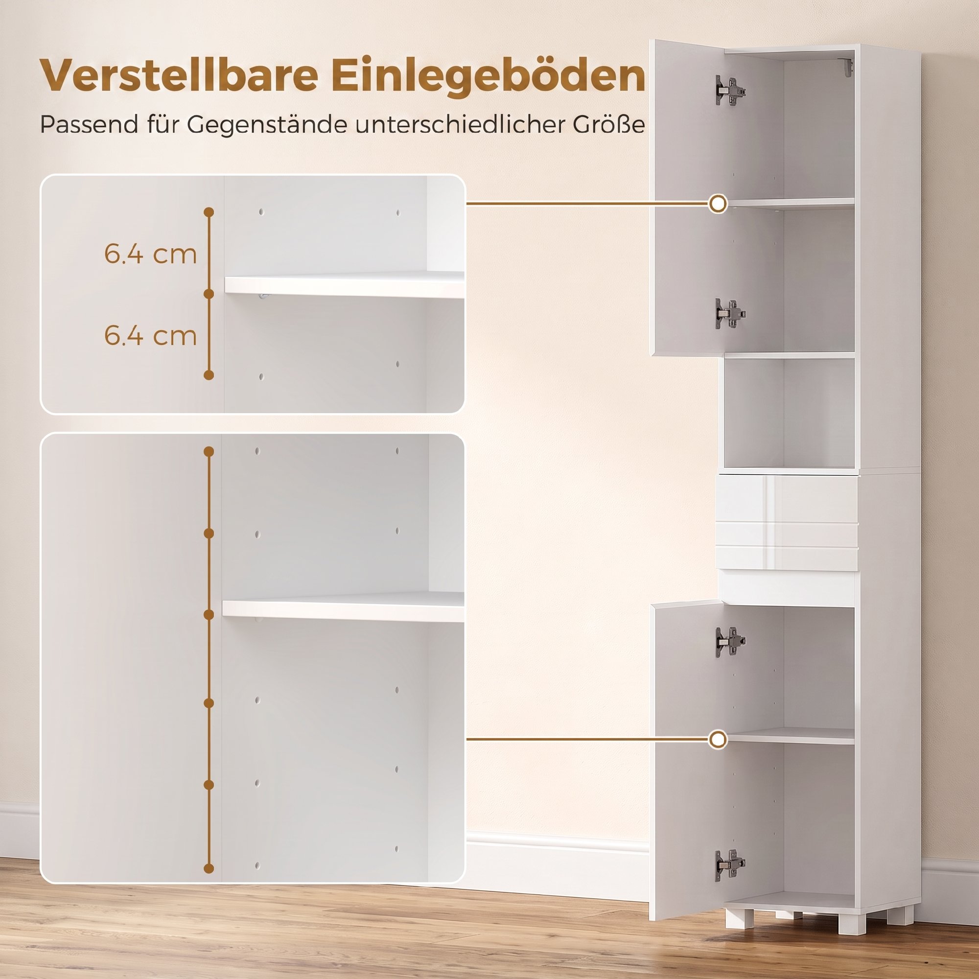 Badezimmerschrank Schmaler Badschrank mit verstellbaren Einlegeböden, 30 x 30 x 170 cm, Weiß
