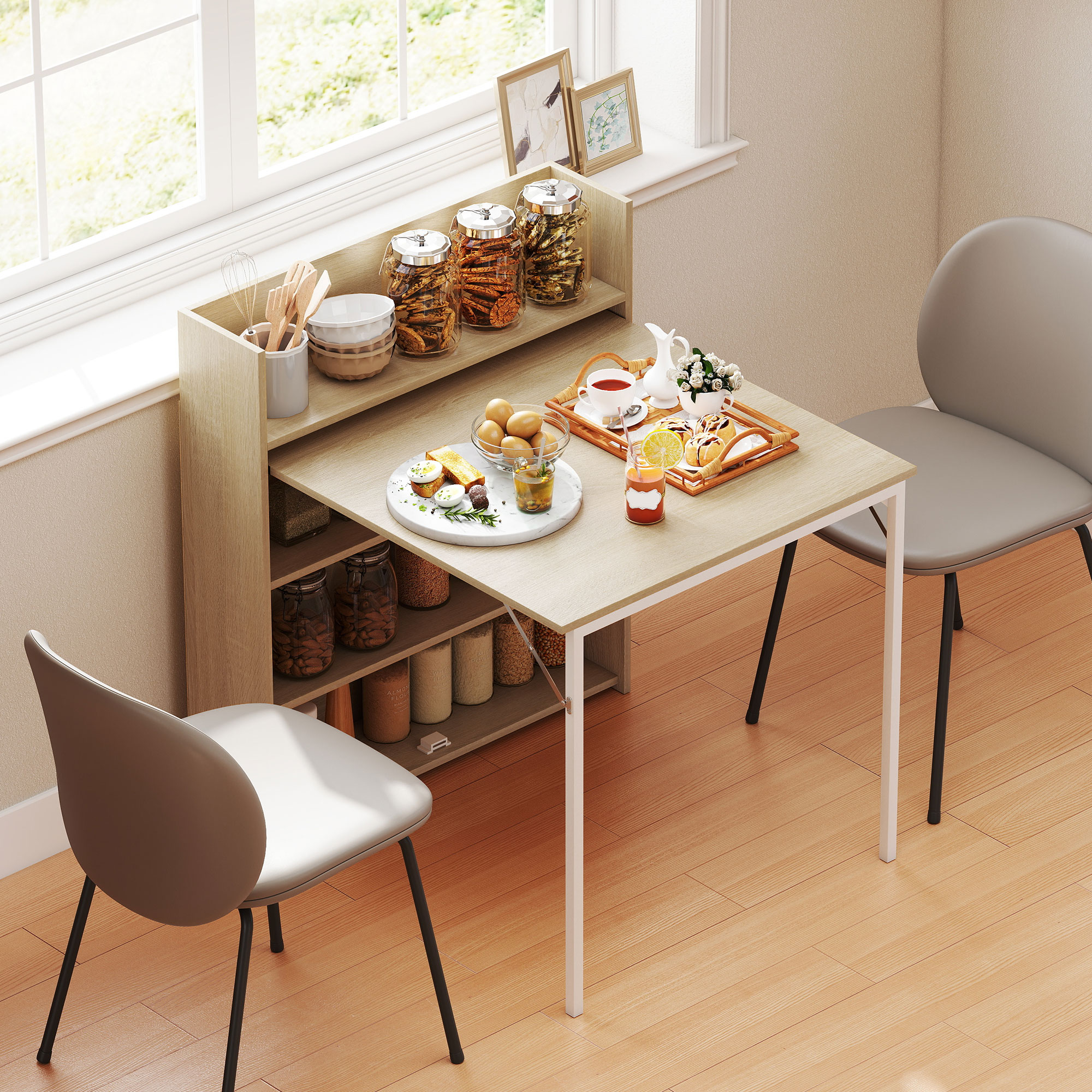 Esstisch Klappbar mit Regal, Industrie-Design, Platzsparend, Für Kleine Räume, 78,5 x 91 x 93 cm, Eiche