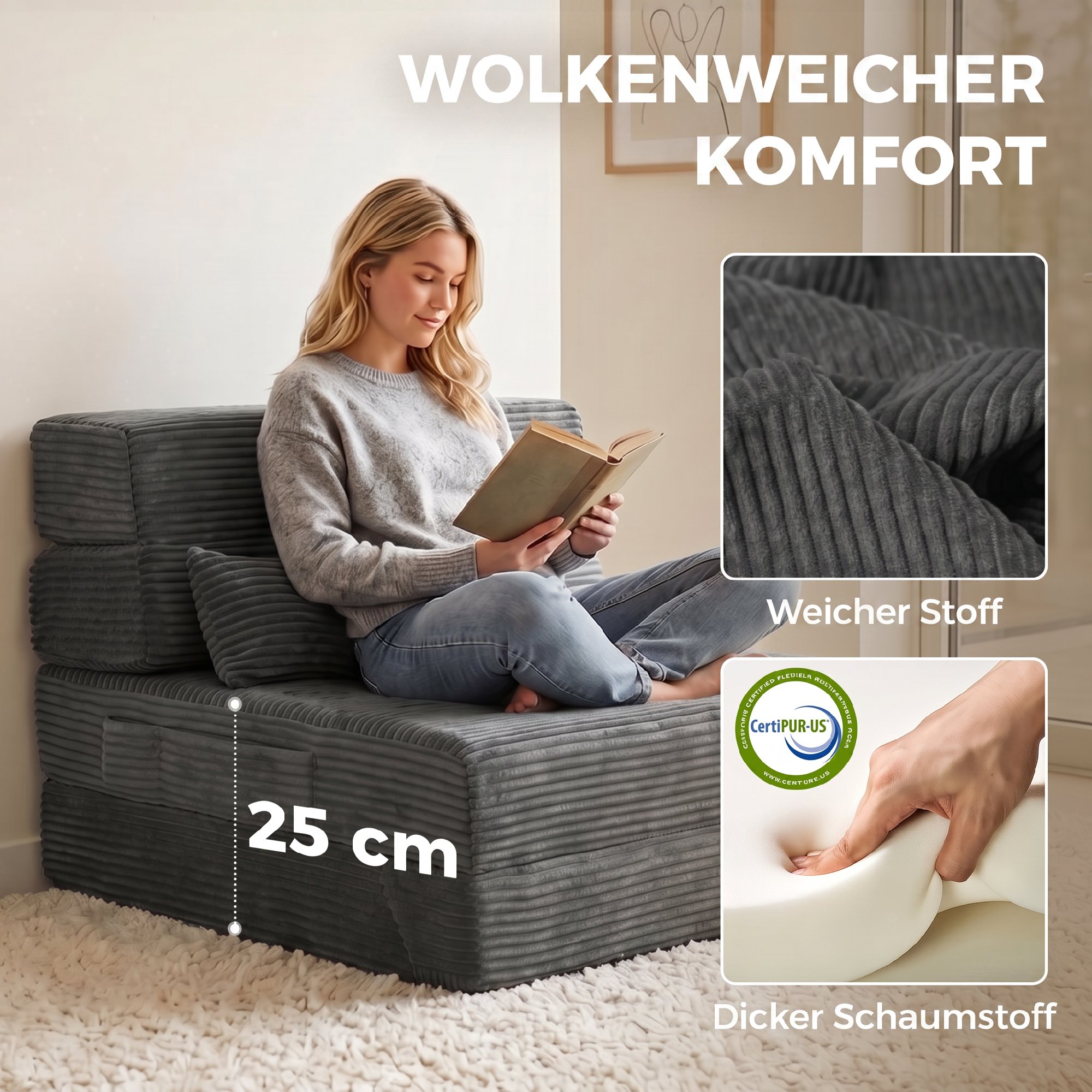 Bodenstuhl mit Rückenstütze, Cord Boneless Cloud Faltbares Schlafsofa mit dickem Polster, Dunkelgrau