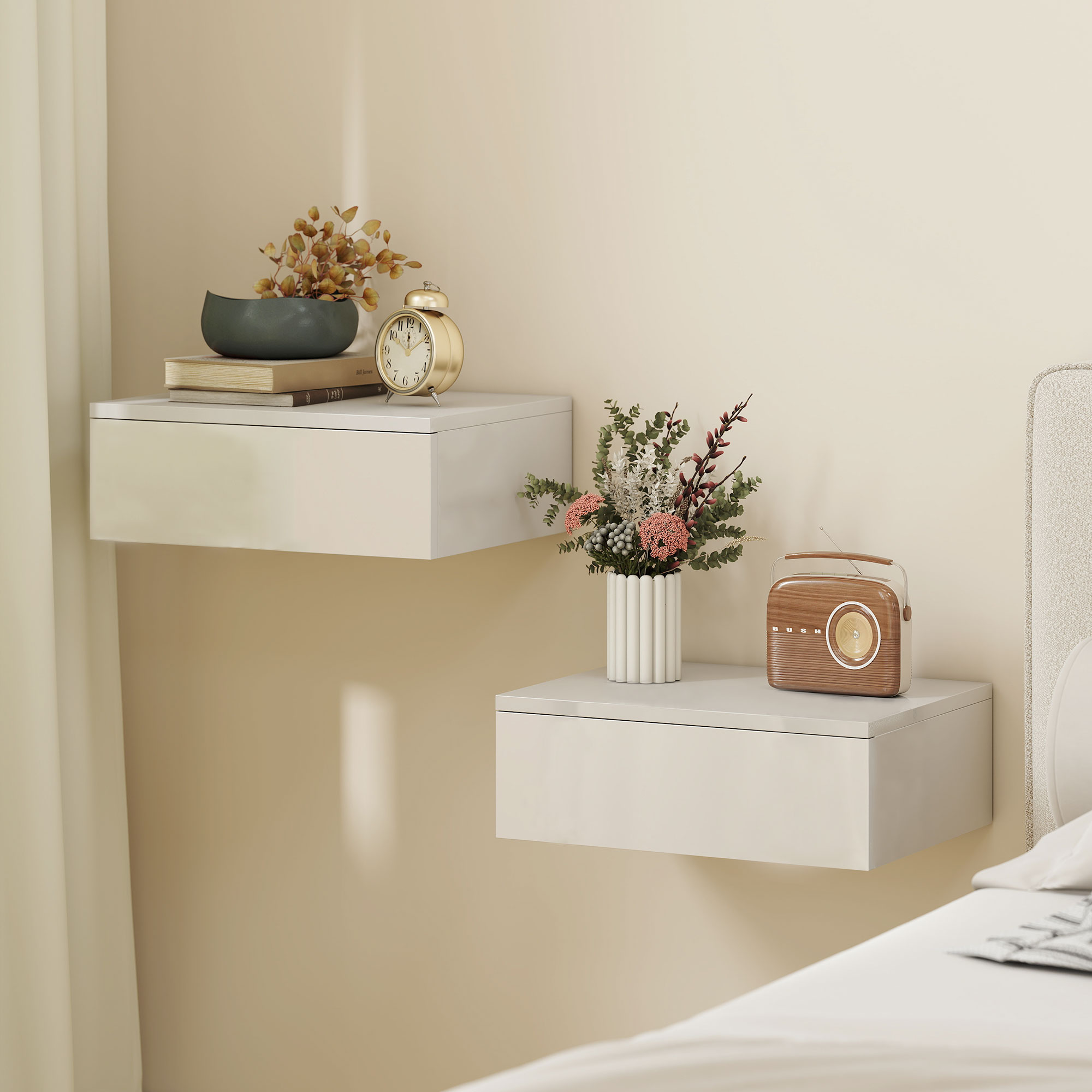 2er-Set Nachttische, wandmontiertes Design, Schublade, für Schlafzimmer, Spanplatte, Weiß
