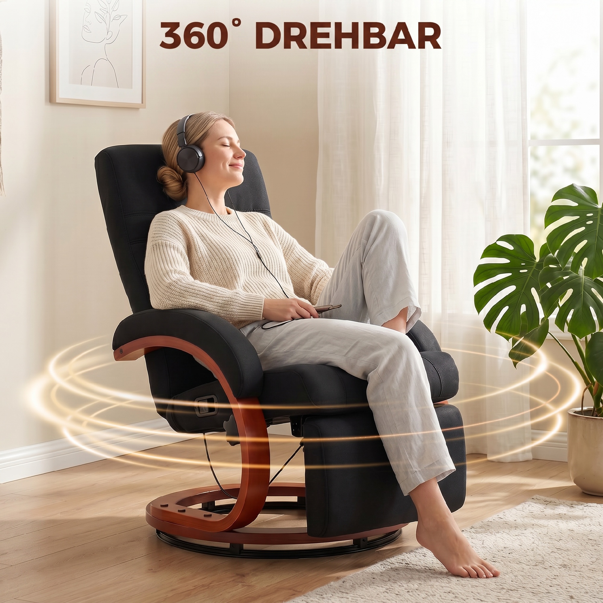 Relaxsessel mit Liegefunktion Fernsehsessel mit hoher Rückenlehne ergonomische Armlehne Fußstütze Holzbasis Leinenoptik