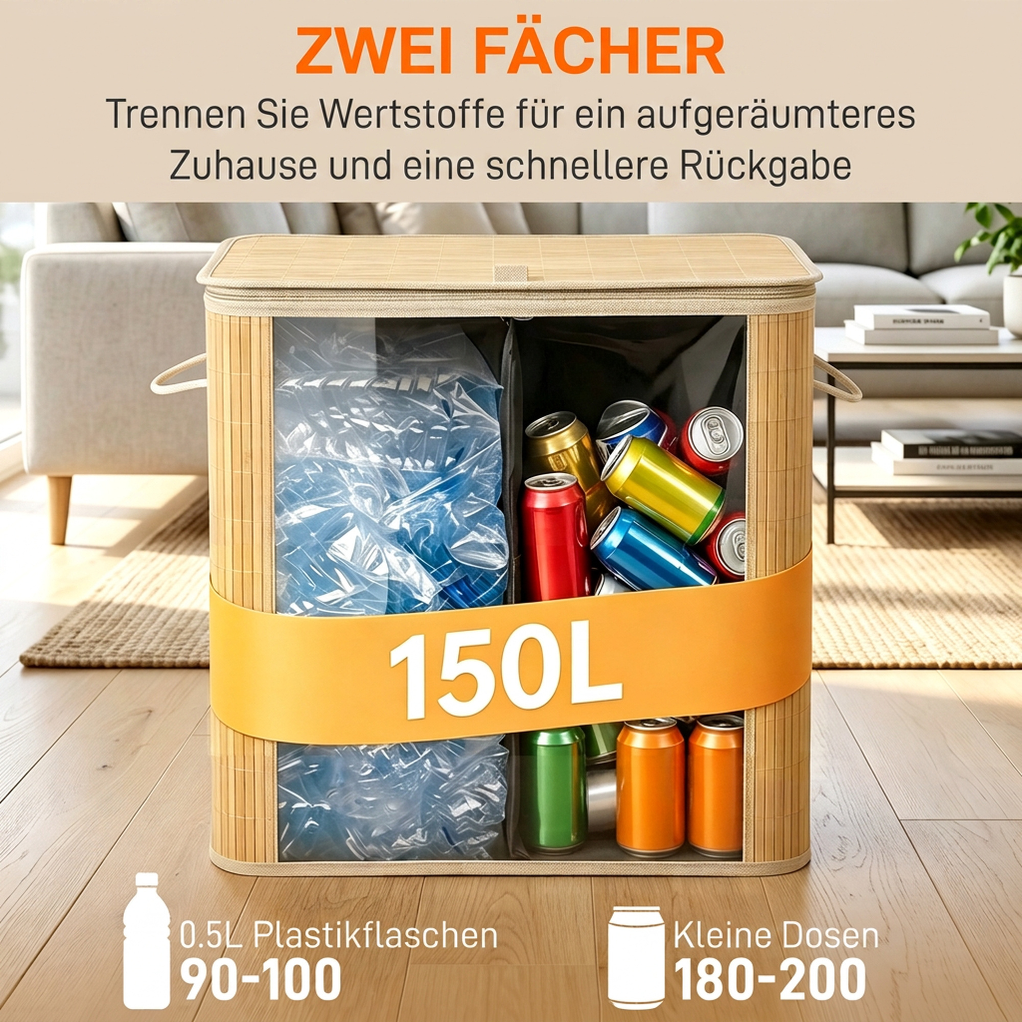 Pfandflaschen Sammelbehälter mit Deckel 150L, Bambus Pfandflaschen Organizer mit Zwei Tasche für Küche